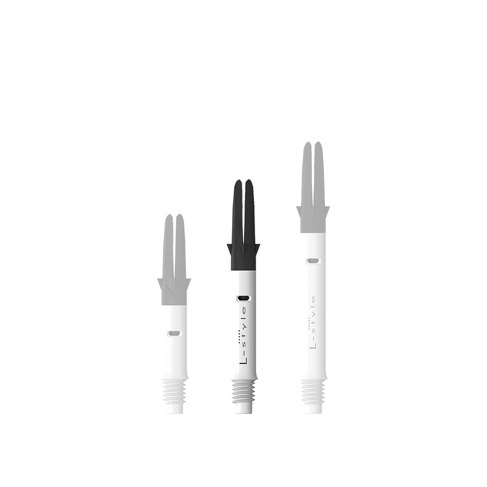 L-Style L-Shaft Carbon Silent Straight - Weiß Auf dem Bild sind drei unterschiedlich lange, weiße Dartshafts mit schwarzem oberen Ende zu sehen. Sie stehen nebeneinander vor einem transparenten Hintergrund.
