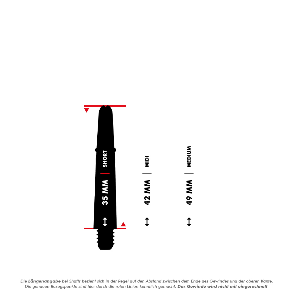 _Harrows_Carbon_360_Shafts_5_35mmO4JcYC6RFCdv2 Das Bild zeigt drei verschiedene Längen von Dartshafts: 35 mm (Short), 42 mm (Midi) und 49 mm (Medium). Die Längenmessung erfolgt vom Ende des Gewindes bis zur oberen Kante des Schafts, wobei das Gewinde selbst nicht mit eingerechnet wird.