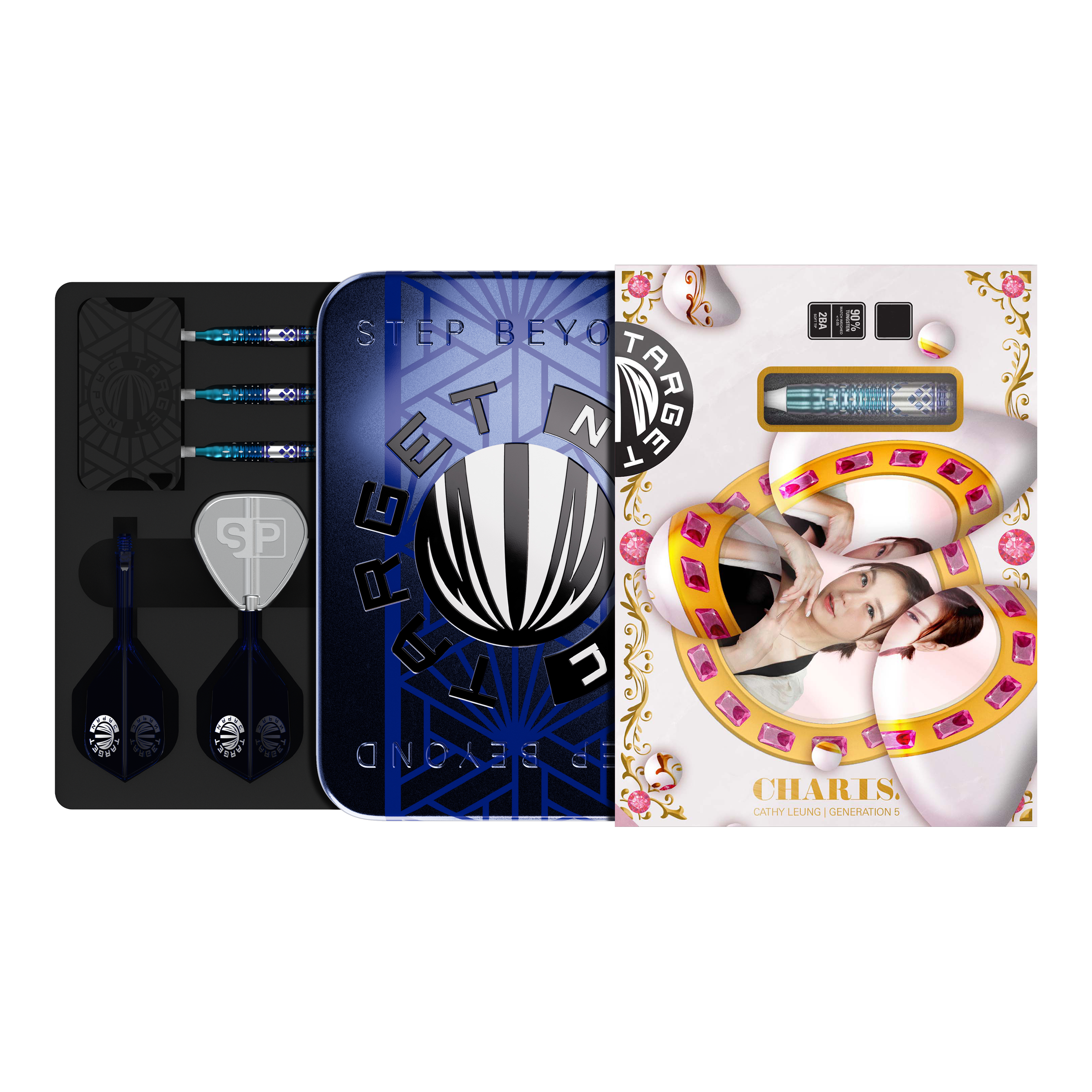 Target Japan Cathy Leung Charis GEN5 Softdarts - 19g Das Bild zeigt das Produkt "Target Japan Cathy Leung Charis GEN5 Softdarts - 19g" in einer dekorativen Verpackung. Im Inneren sind die Darts, Flights und weiteres Zubehör ordentlich angeordnet.