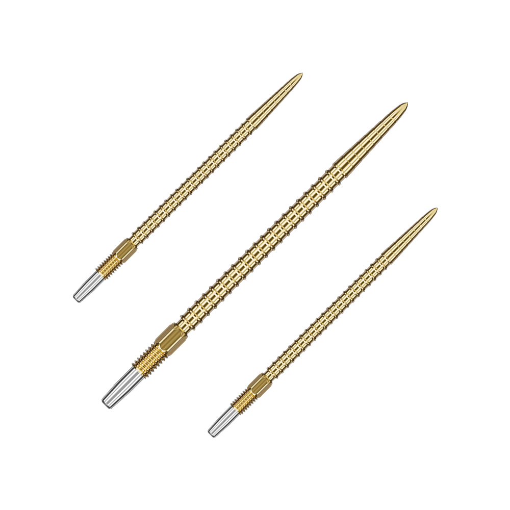 Auf dem Bild sind drei goldfarbene Dartspitzen zu sehen. Sie sind lang, schlank und haben ein geriffeltes Muster.