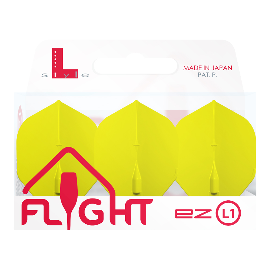 L-Style Champagne L1EZ Standard Flights Das Bild zeigt eine Packung mit drei gelben L-Style Champagne L1EZ Standard Flights. Die Verpackung ist weiß mit roter und grauer Schrift und wurde in Japan hergestellt.
