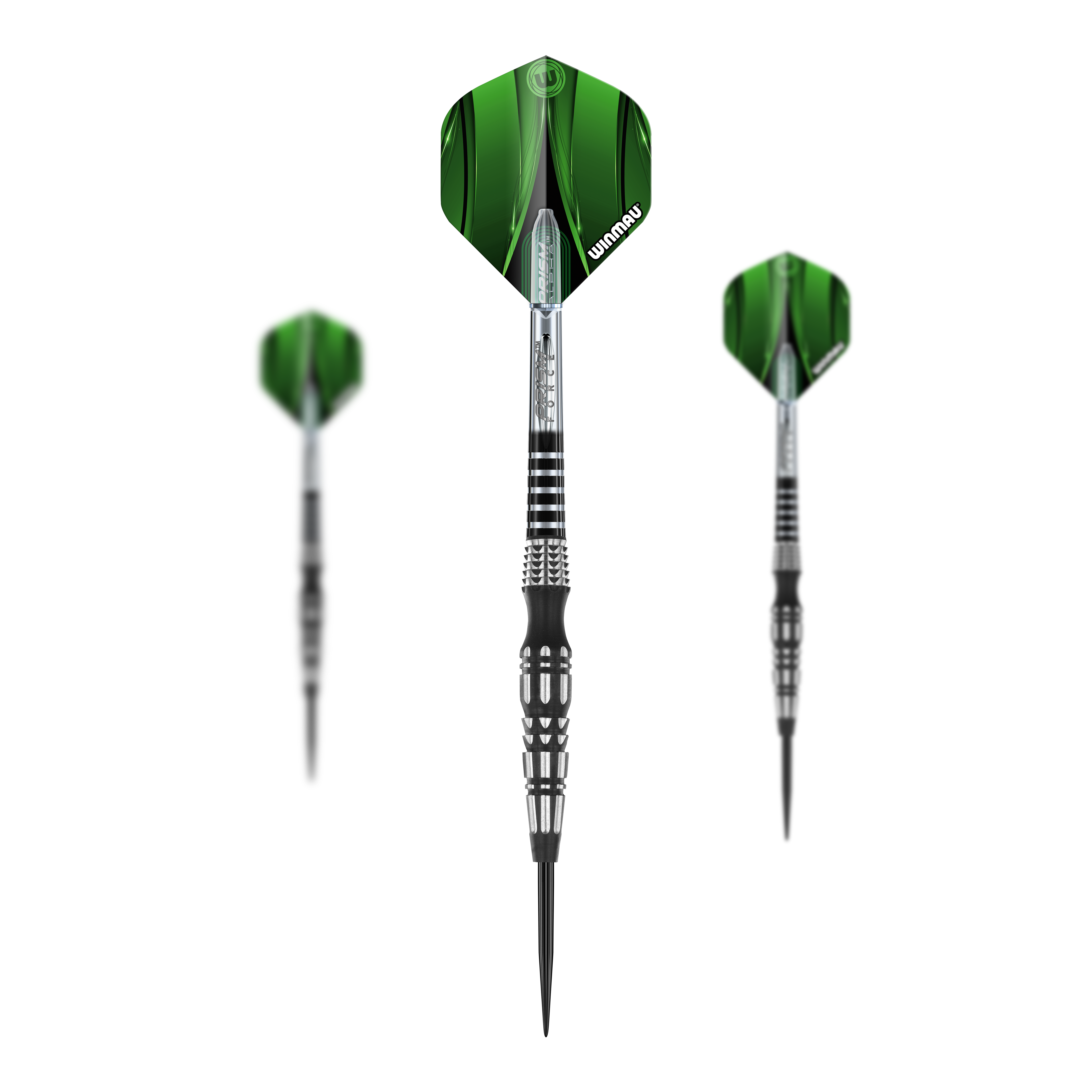 Das Bild zeigt drei Steeldarts des Modells "Winmau Sniper Special Edition V2". Die Darts haben grüne Flights und ein silber-schwarzes, geriffeltes Barrel.