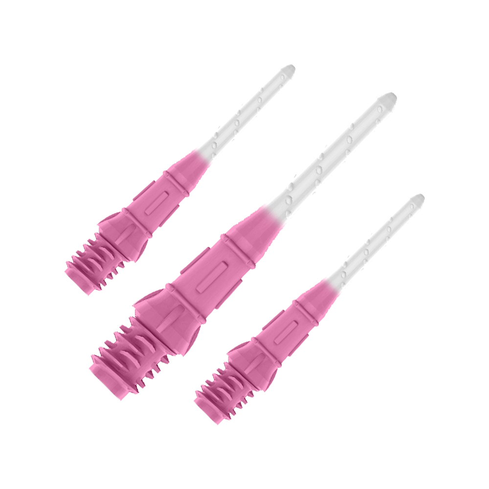 L-Style Premium Two Tone Lippoints (30er Pack)-Pink/Weiß Das Bild zeigt drei pink-weiße Spitzen für Dartpfeile. Sie sind nebeneinander angeordnet und haben ein zweifarbiges Design.