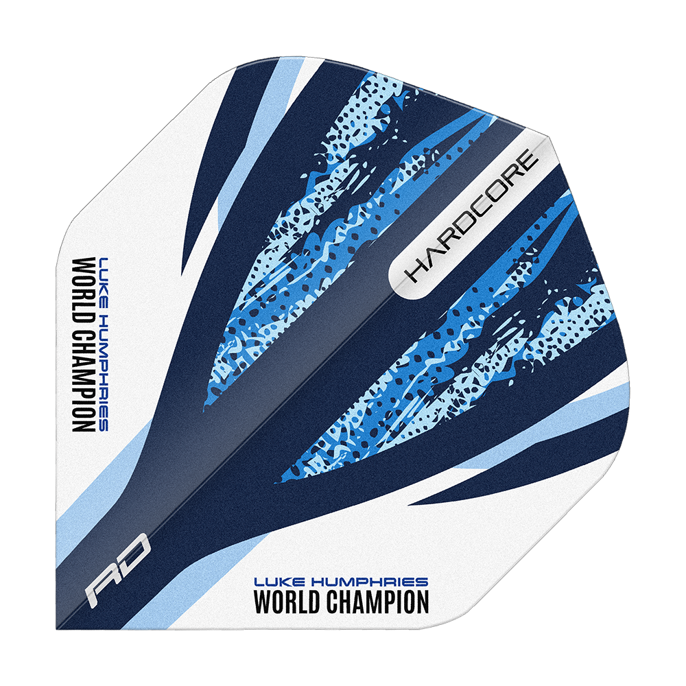 Red Dragon Hardcore Luke Humphries White Blue Standard Flights Das Bild zeigt ein Dart Flight in Weiß und Blau mit dynamischen Mustern. Auf dem Flight stehen die Worte „LUKE HUMPHRIES WORLD CHAMPION“ und „HARDCORE“.
