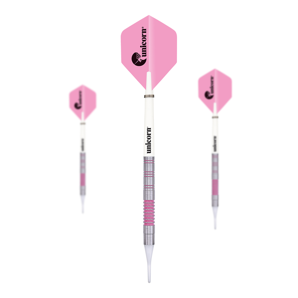 Unicorn Autograph Softdarts - 19g Das Bild zeigt drei Softdarts des Produkts "Unicorn Autograph Softdarts - 19g". Die Darts haben pinke Flights und einen silber-weißen Schaft mit pinken Akzenten.