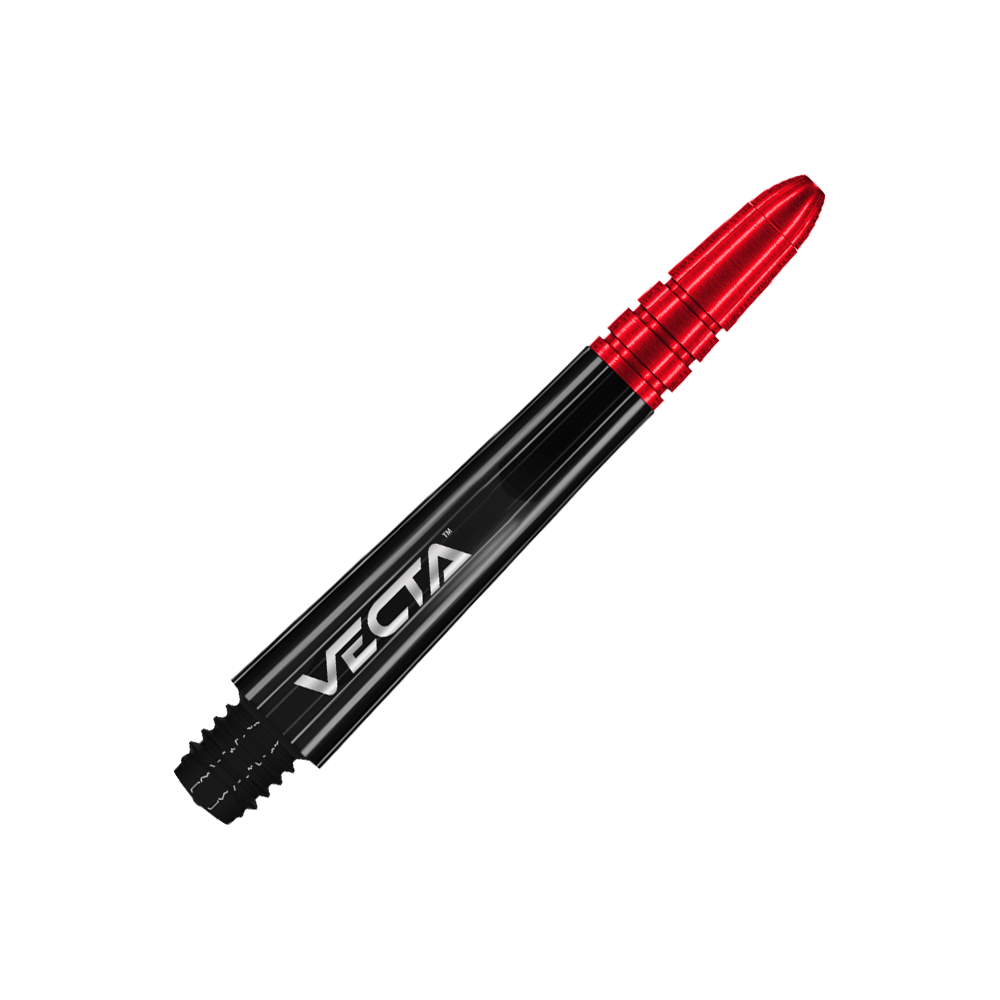 Das Bild zeigt einen Dart-Schaft in den Farben Schwarz und Rot. Auf dem Schaft steht das Wort „Vecta“.