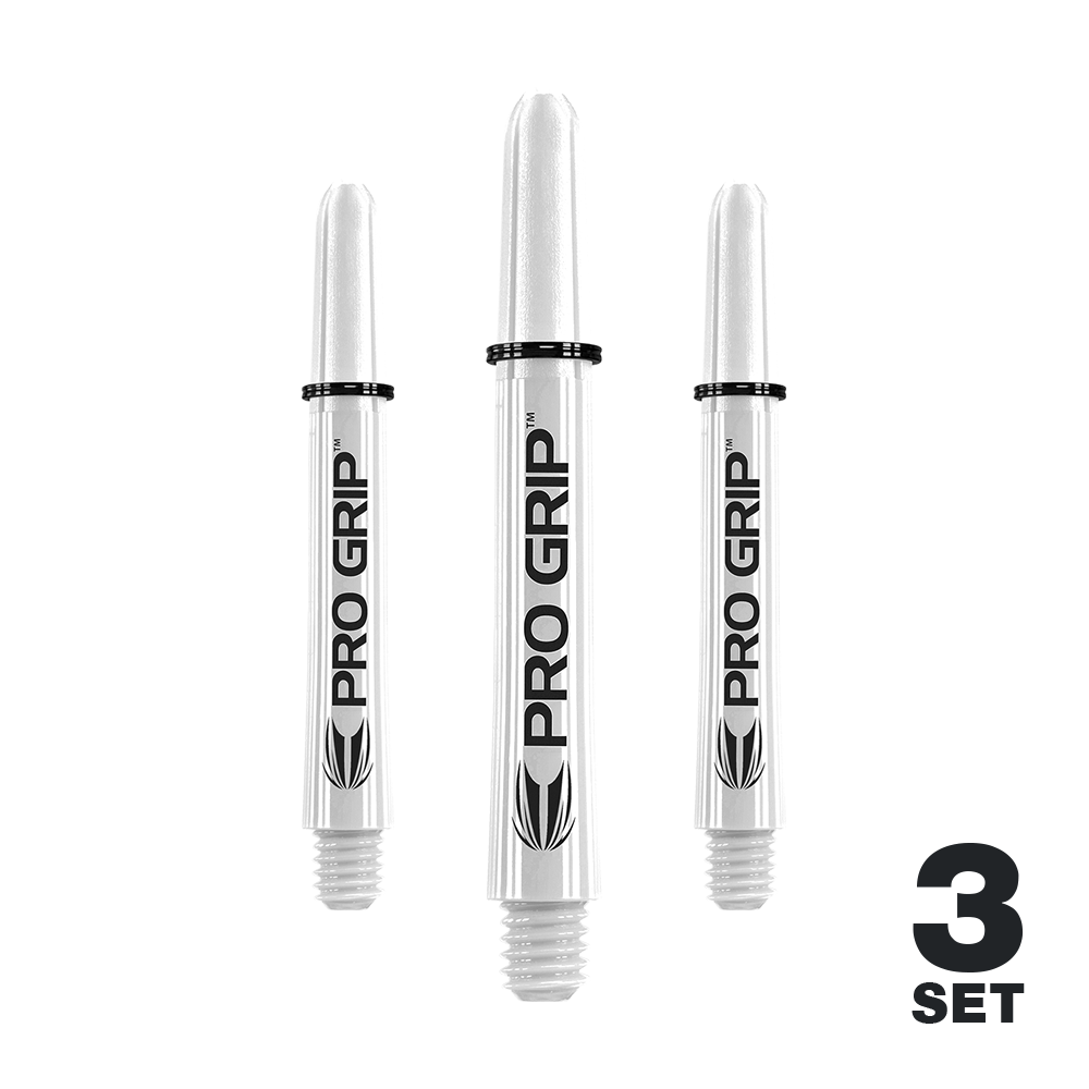 Das Bild zeigt drei weiße "Pro Grip" Shafts für Dartpfeile. In der unteren rechten Ecke steht "3 SET".