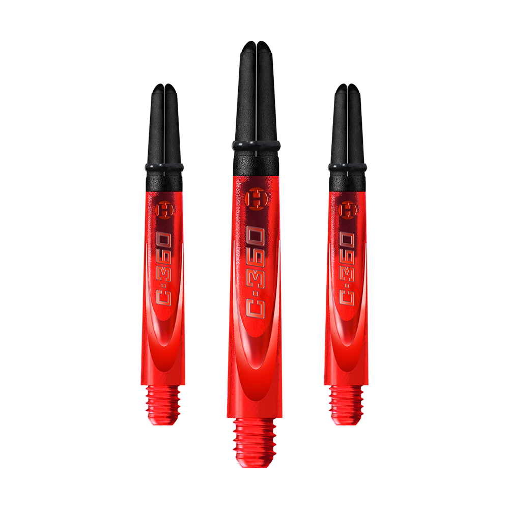 HR456_Harrows_Carbon_360_Shafts_Rot_42mm_1AeAfK0jniI4kJ Auf dem Bild sind drei rote Dartschäfte mit schwarzem oberen Teil zu sehen. Auf jedem Schaft steht in silberner Schrift "C:360".