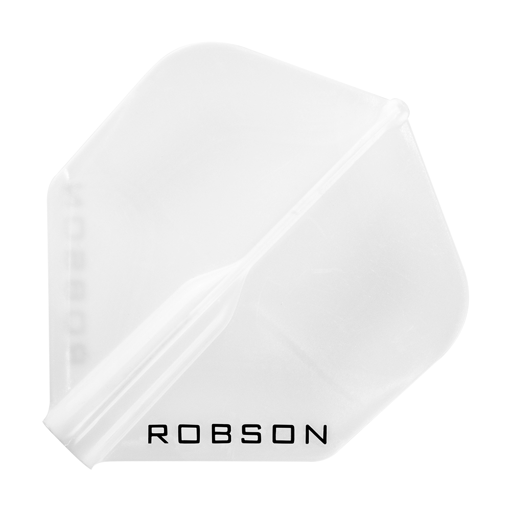 Robson Plus Standard Flights Das Bild zeigt ein weißes Dart-Flügelblatt mit der Aufschrift "ROBSON". Es hat eine klassische, standardmäßige Form und ist durchsichtig.