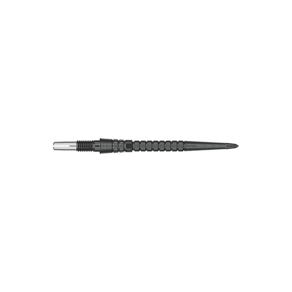 Ein schwarzes Dartspitzen-Set ist abgebildet. Die Spitzen sind in einer Reihe angeordnet.
