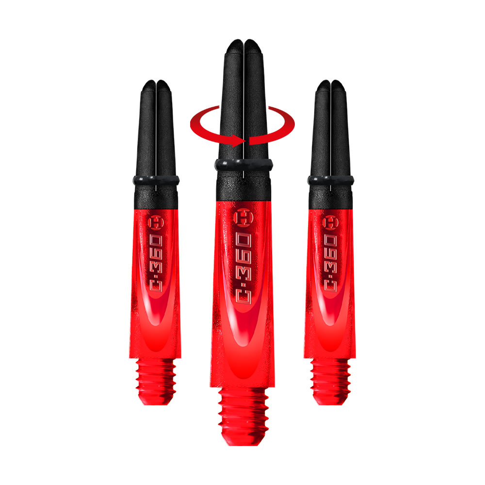 HR455_Harrows_Carbon_360_Shafts_Rot_35mm_1-_Symbol Auf dem Bild sind drei rote Dartschäfte mit schwarzem oberen Teil zu sehen. Ein Pfeil zeigt an, dass sich der mittlere Schaft drehen lässt.