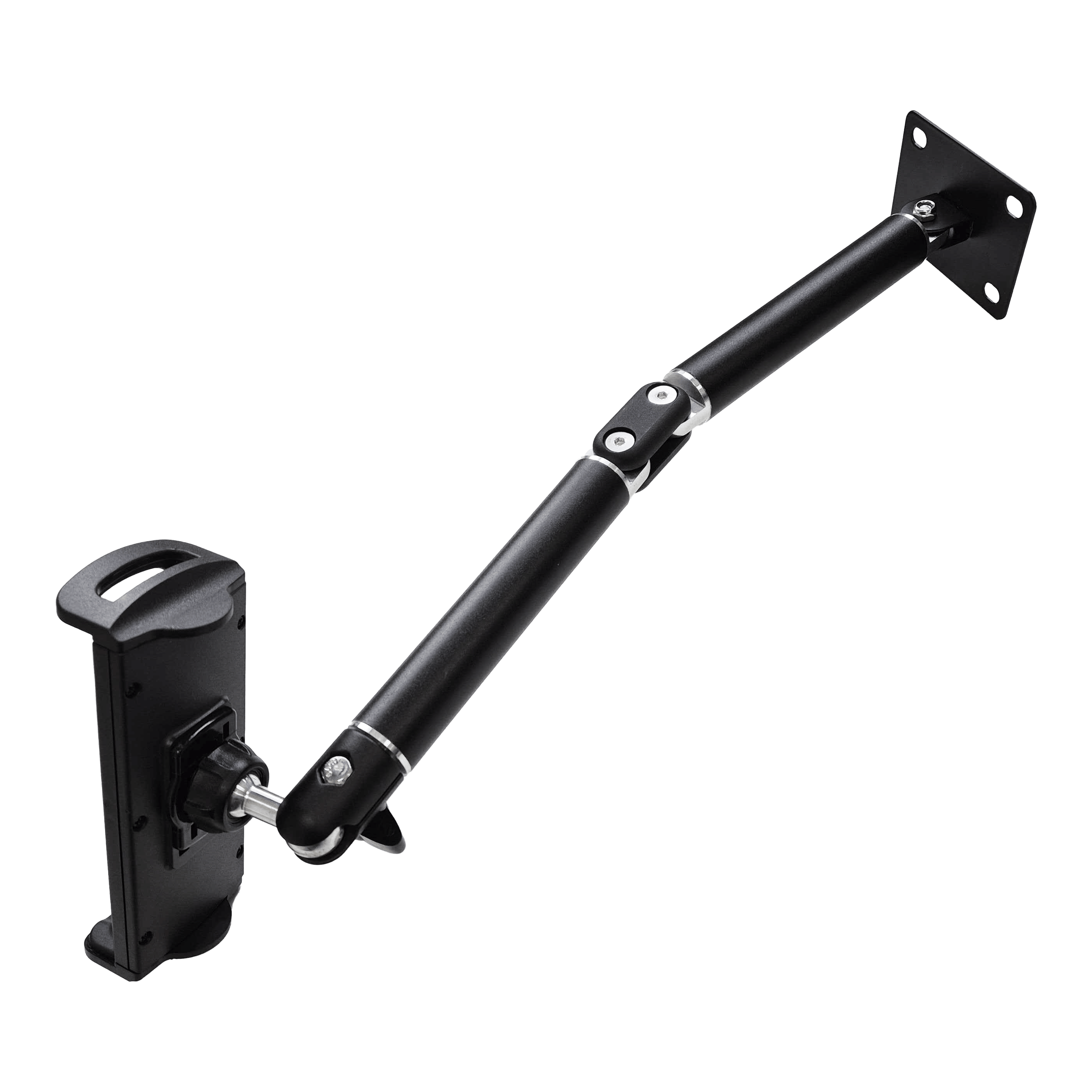 McDart TABFlex Tablet Wandhalterung mit flexiblem Arm Dieses Bild zeigt die McDart TABFlex Tablet Wandhalterung mit flexiblem Arm. Die Halterung ist schwarz und lässt sich an der Wand befestigen, um ein Tablet flexibel auszurichten.