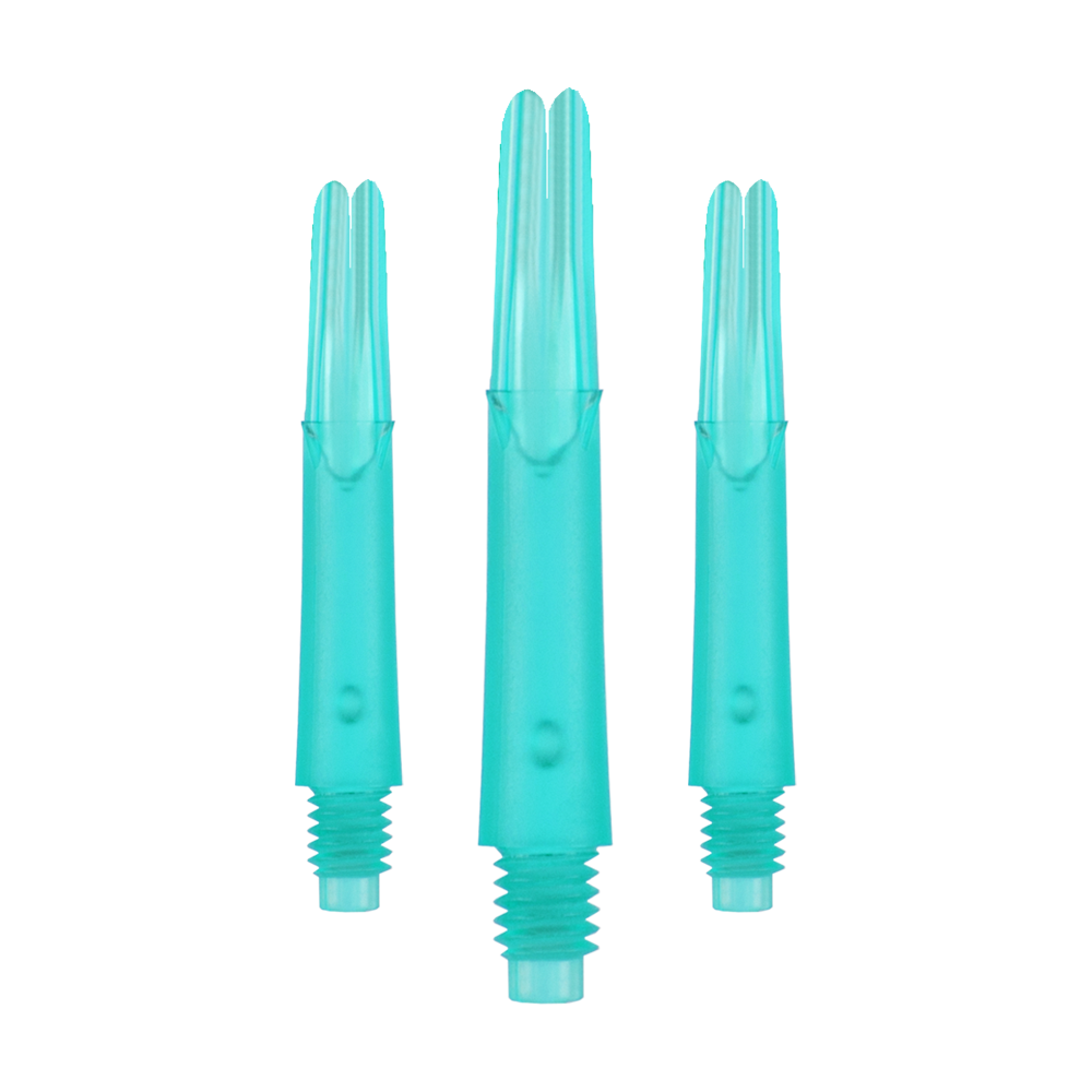 L-Style L-Shafts Locked Straight - Emerald 190 Das Bild zeigt drei türkisfarbene Dartshafts aus Kunststoff in einer Reihe. Sie haben ein gerades Design und sind unten mit einem Gewinde versehen.
