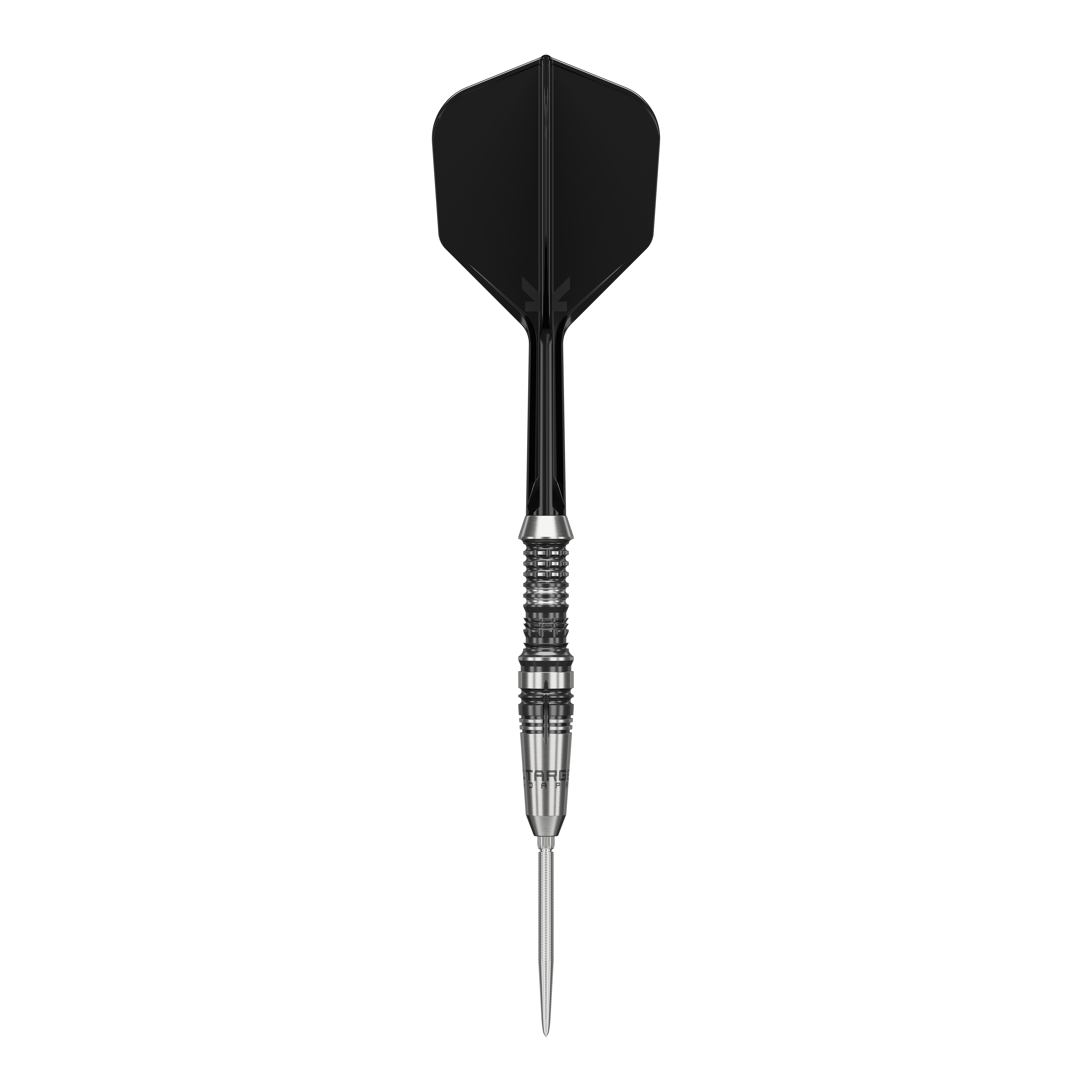 Dieses Bild zeigt einen Target Japan Black Marque Heracles Steeldart. Der Dart hat eine schwarze Flight und einen silbernen, gerillten Barrel.