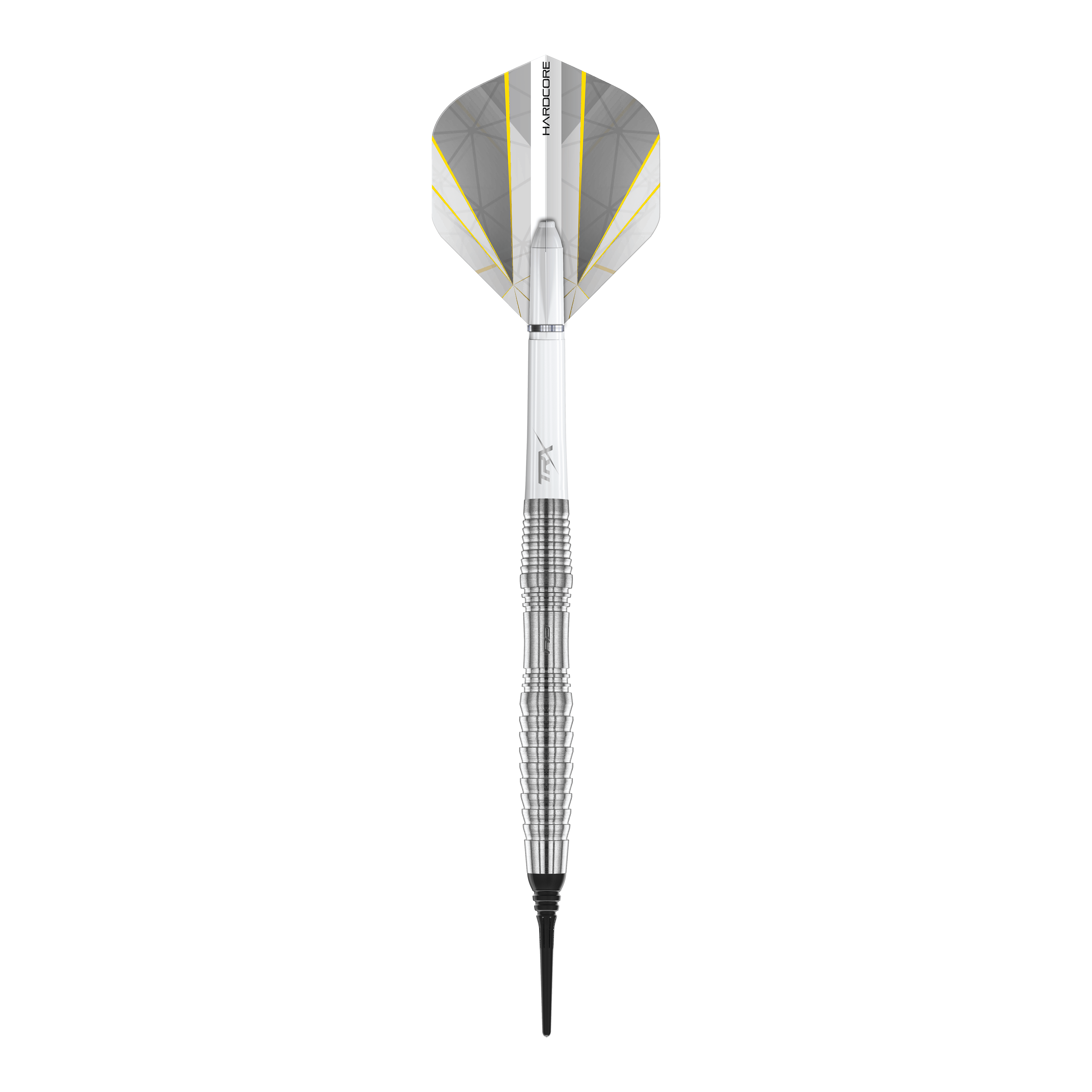 Red Dragon Seren 3 Pure Softdarts - 20g Das Bild zeigt einen Red Dragon Seren 3 Pure Softdart mit einem Gewicht von 20g. Der Dart hat ein silberfarbenes, geriffeltes Barrel und weiße Flights mit gelben Akzenten.