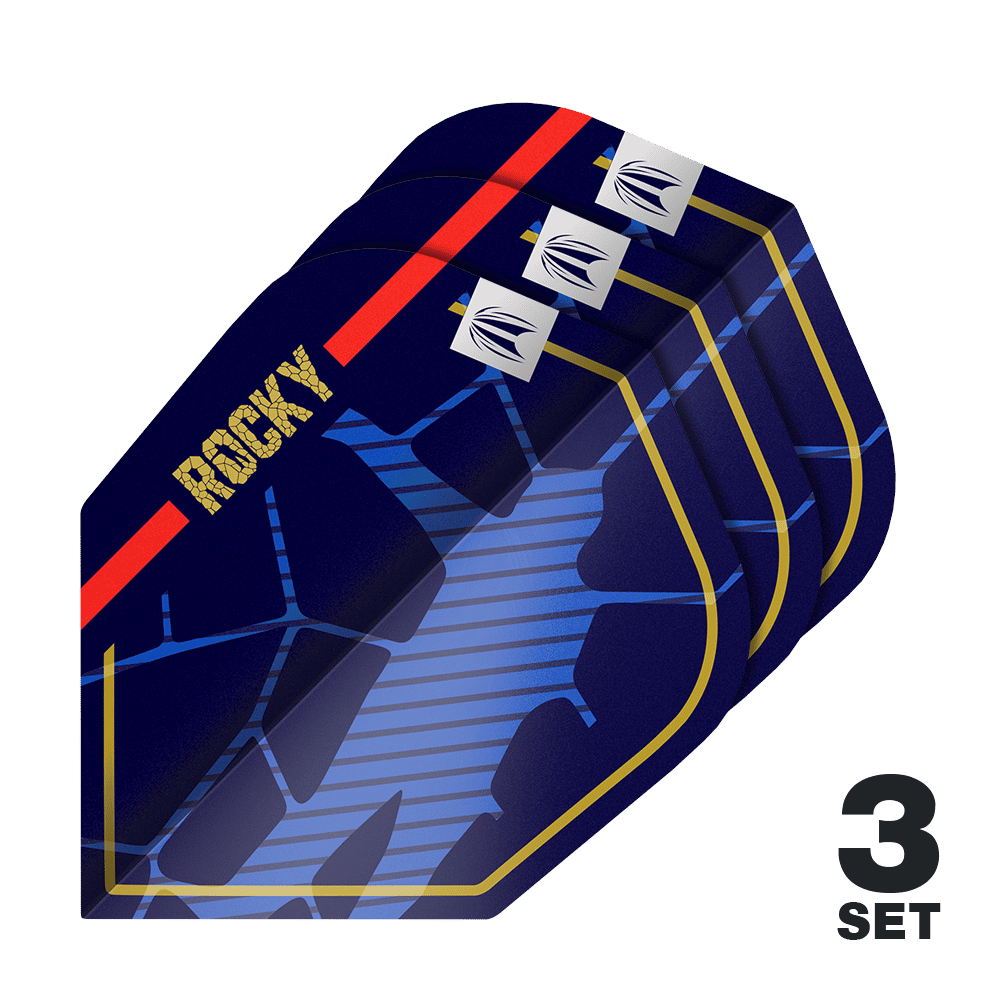 Das Bild zeigt drei Sätze der Target Pro Ultra Josh Rock GEN1 No6 Flights. Die Flights sind dunkelblau mit goldenen, roten und blauen Designelementen sowie dem Schriftzug "ROCKY".