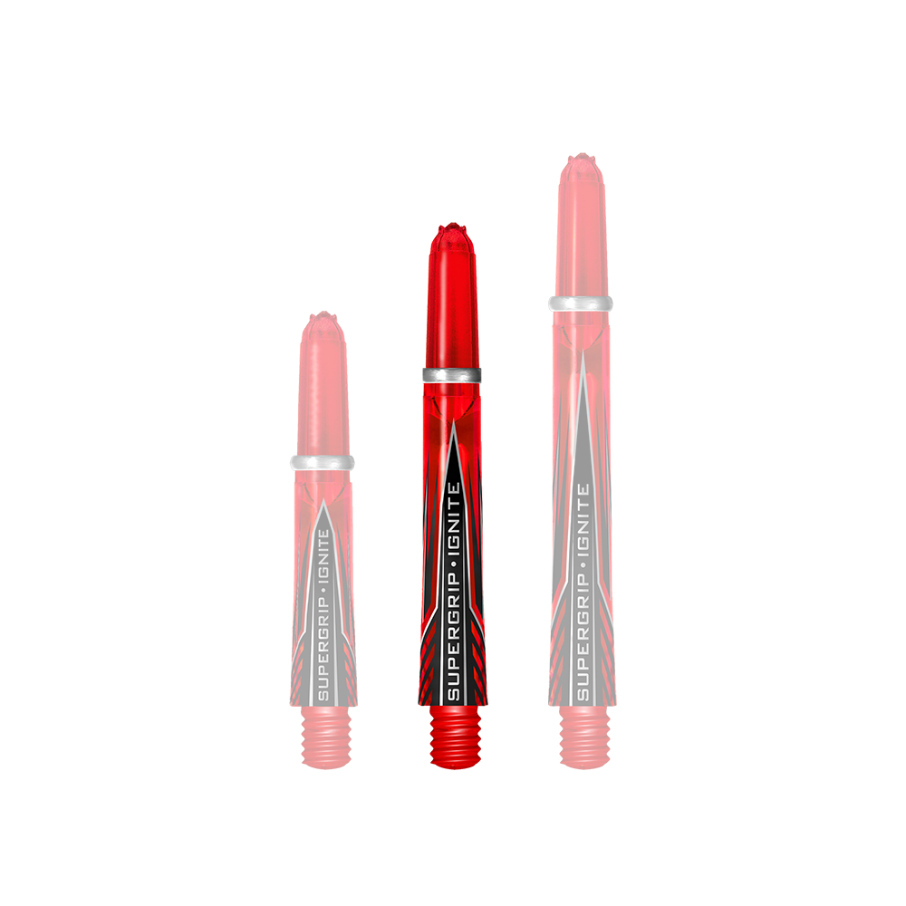 HR384_Harrows_Supergrip_Ignite_Shafts_Rot_40mm_1 Das Bild zeigt drei rote Harrows Supergrip Ignite Shafts in verschiedenen Längen. Die Shafts haben ein auffälliges Design mit schwarzen und silbernen Akzenten.
