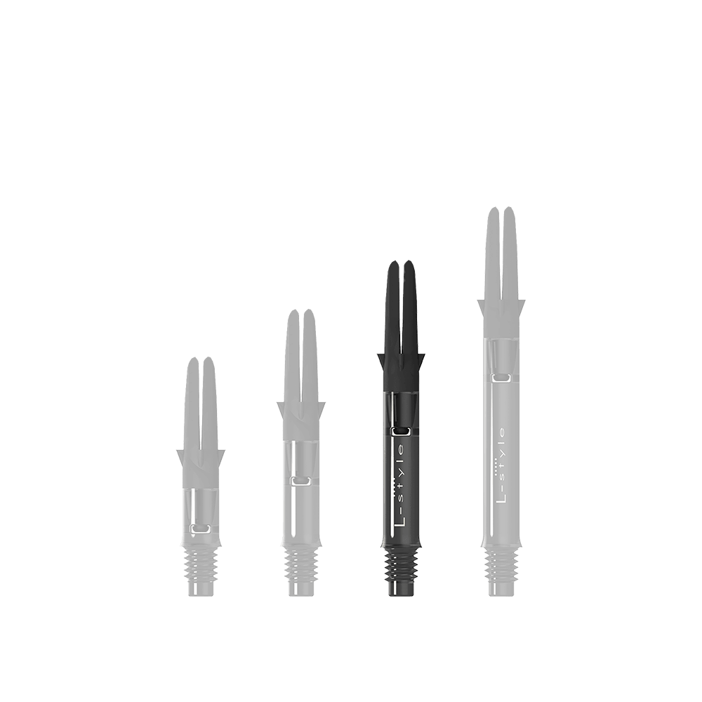 Auf dem Bild sind drei schwarze Carbon-Shafts für Dartpfeile in unterschiedlichen Längen zu sehen. Sie stehen nebeneinander aufrecht aufrecht und besitzen alle denselben Aufbau.