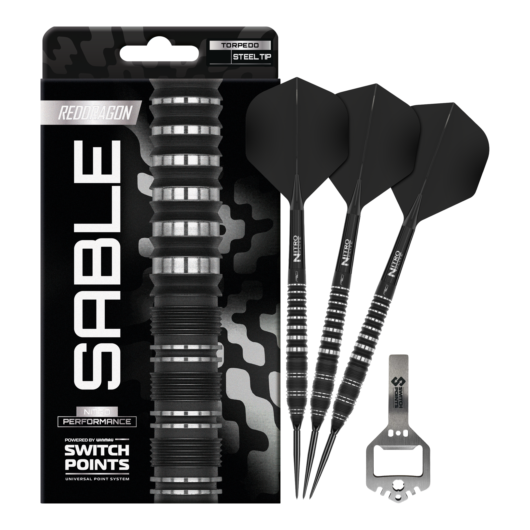 Red Dragon Sable Torpedo Switch Point Steeldarts Das Bild zeigt die Red Dragon Sable Torpedo Switch Point Steeldarts in voller Länge. Die komplette Form und das Design sind zu sehen.