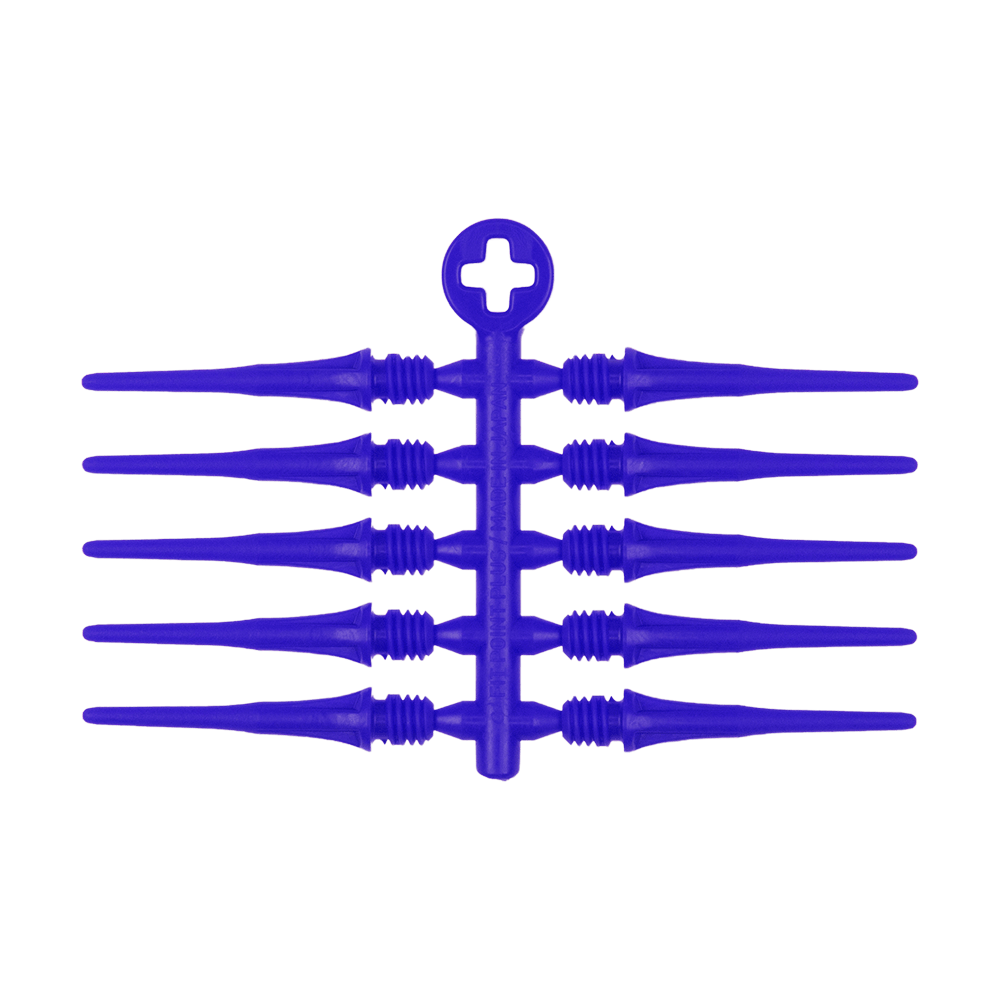 Das Bild zeigt ein Set von acht blauen Dartspitzen, die an einem Verbindungssteg befestigt sind. Oben befindet sich ein rundes Element mit einem Kreuz in der Mitte.