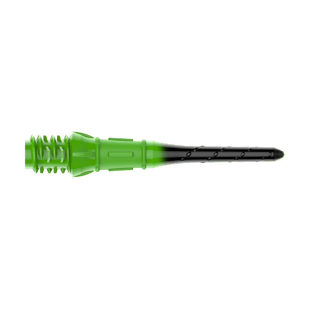 L-Style Premium Lippoint Gradiation Dartspitzen (30er Pack) Diese Abbildung zeigt eine Dartspitze, die grün und schwarz gefärbt ist. Die Spitze hat ein Schraubgewinde und ist für Softdarts geeignet.