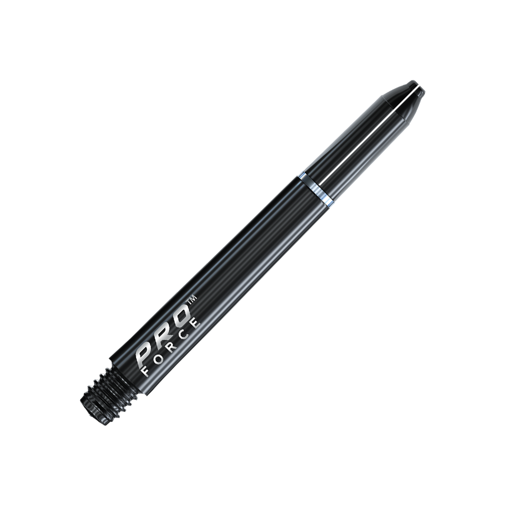 Das Bild zeigt einen schwarzen Winmau Pro-Force Shafts für Dartpfeile. Auf dem Schaft steht gut lesbar "PRO FORCE" in weißer Schrift.
