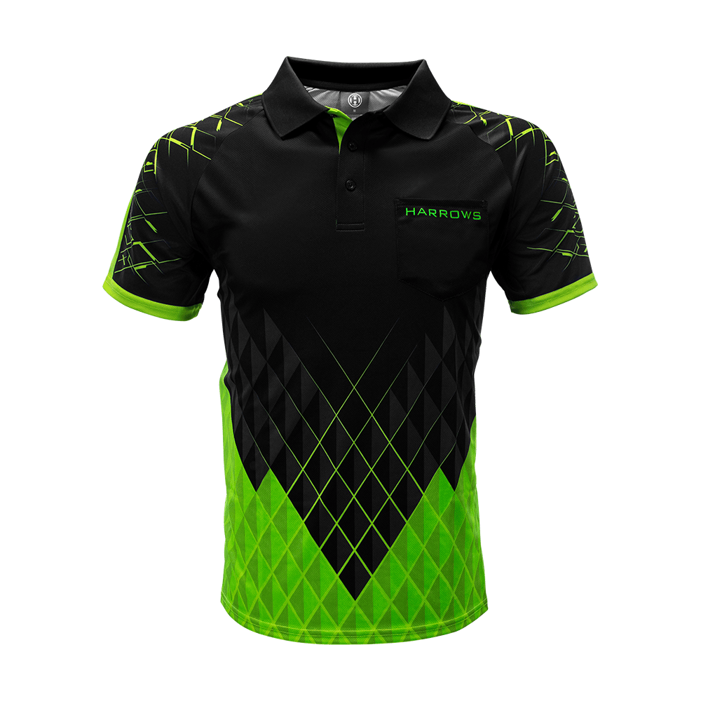 HRS-26333_Harrows_Paragon_Dartshirt_Gr-n_1 Harrows Paragon Dartshirt in auffälliger Farbe. Das Shirt ist flach und frontal dargestellt.