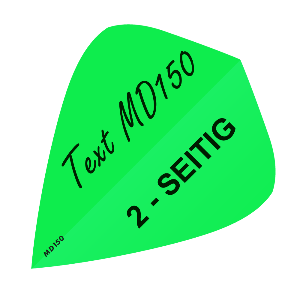 MD-303_2-Seitig_Bedruckte_Flights_Wunschtext_MD150_Neongr-n_Kite_1 Das Bild zeigt einen neon-grünen Flight in einer Kite-Form. Auf dem Flight steht der Text „Text MD150“ und „2-SEITIG“.