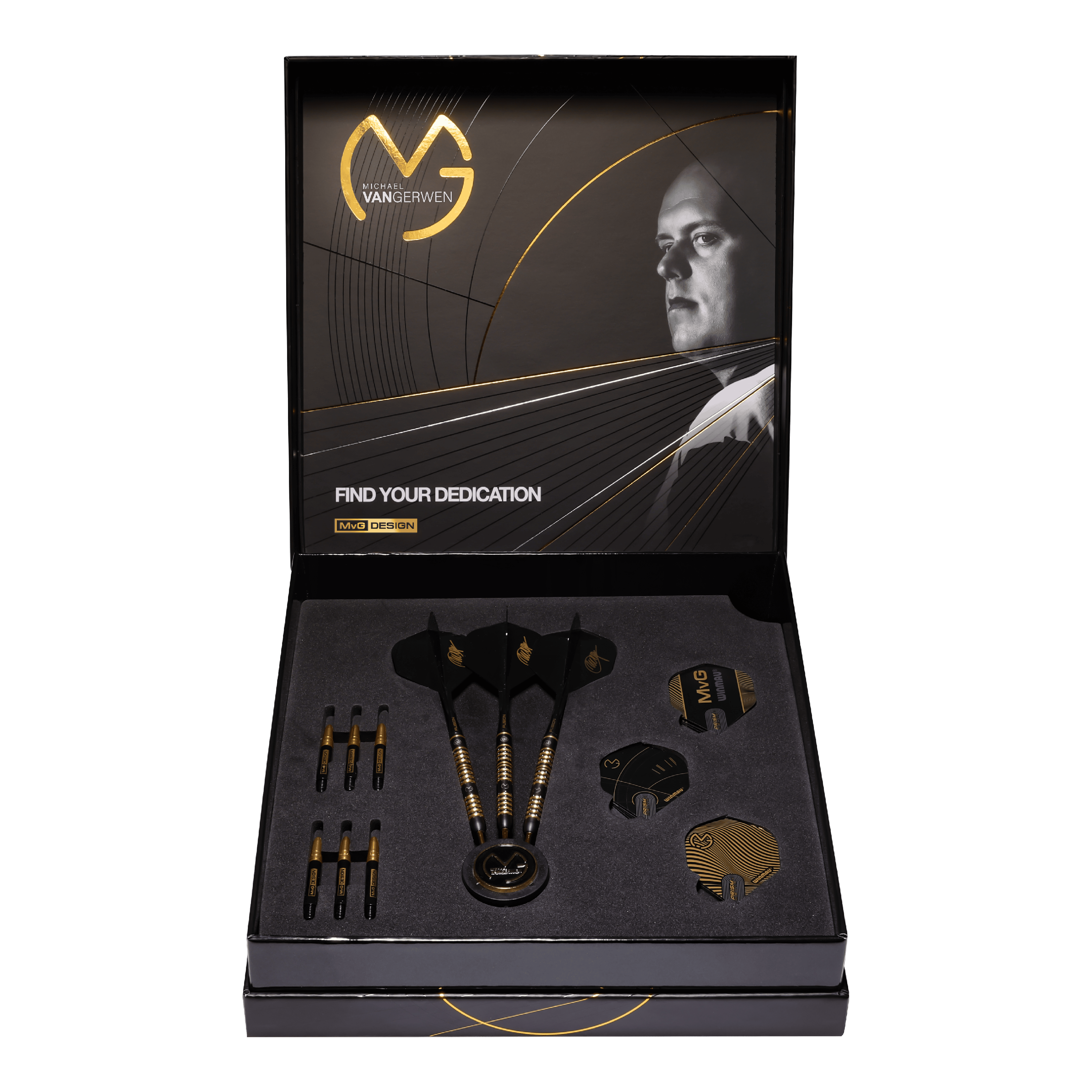 Das Bild zeigt eine elegante Geschenkbox mit den Winmau Michael Van Gerwen 5-Year-Anniversary Limited Edition Steeldarts – 22,5g. In der Box befinden sich drei Darts, zusätzliche Flights und Spitzen, alles in einem schwarzen und goldenen Design.