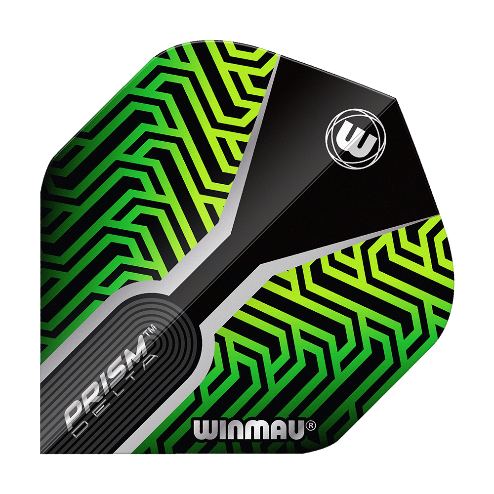 Winmau Prism Delta Kairos No2 Standard Flights Grün Das Bild zeigt ein Dartflight mit dem Namen "Winmau Prism Delta Kairos No2 Standard Flights Grün". Das Flight hat ein auffälliges grünes und schwarzes geometrisches Muster mit dem Winmau-Logo.