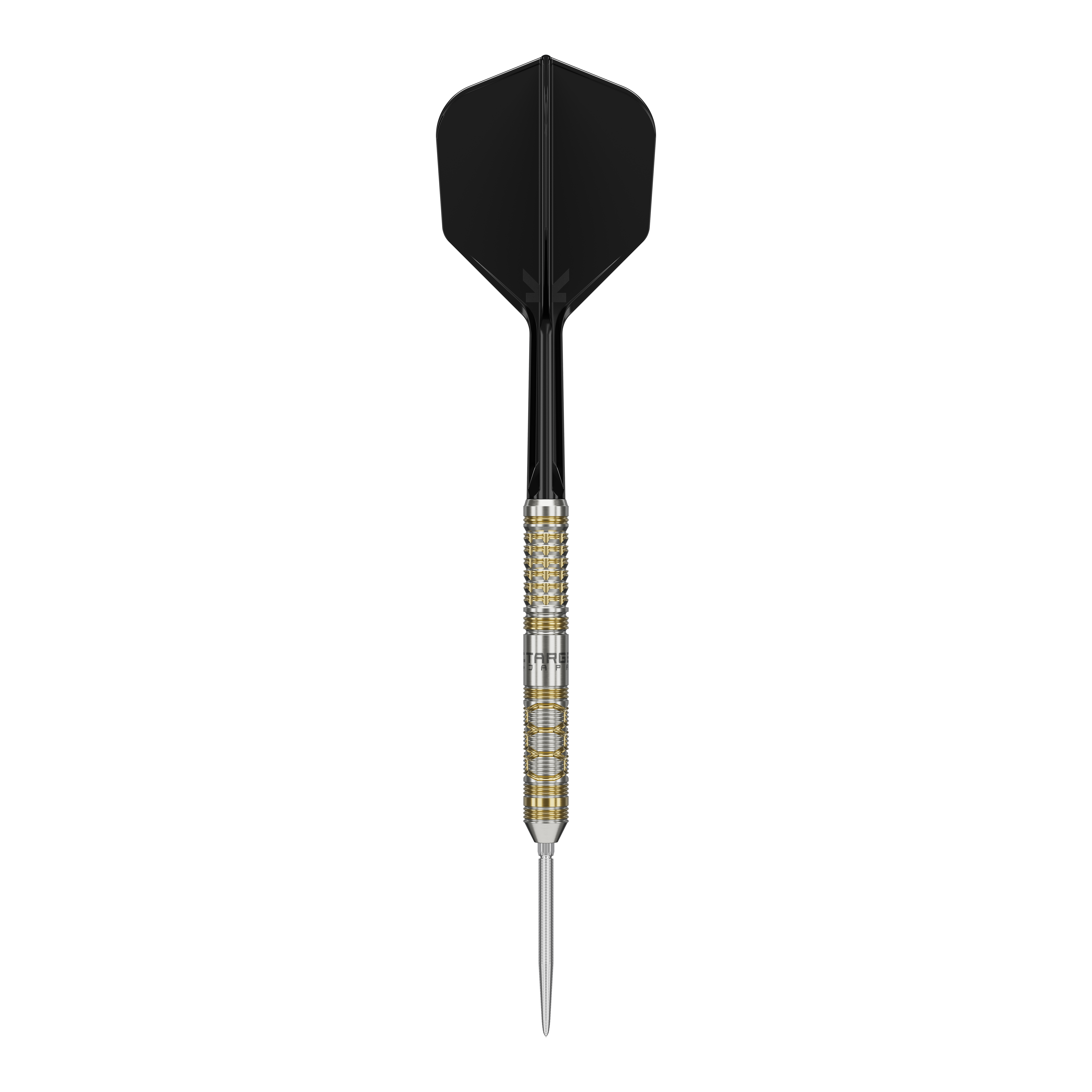 Target Japan Black Marque Reyn GEN2 Steeldarts Das Bild zeigt einen Steeldart mit schwarzem Flight und gold-silbernem Barrel. Es handelt sich um das Produkt "Target Japan Black Marque Reyn GEN2 Steeldarts".