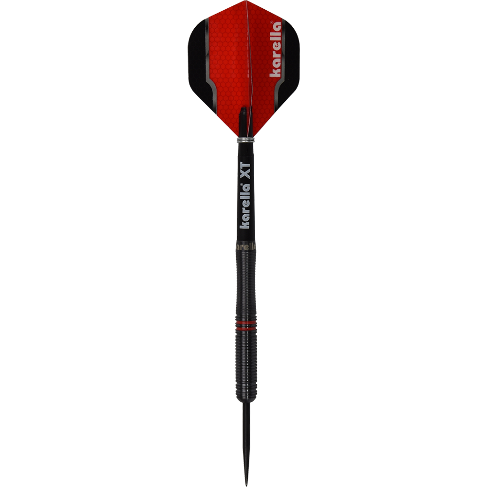 8204_Karella_Fighter_Steeldarts_1CCbbn7gjFXkUp Auf dem Bild ist ein Karella Fighter Steeldart zu sehen. Der Dartpfeil hat eine schwarze Spitze und ein rotes Flights mit dem Schriftzug "karella".
