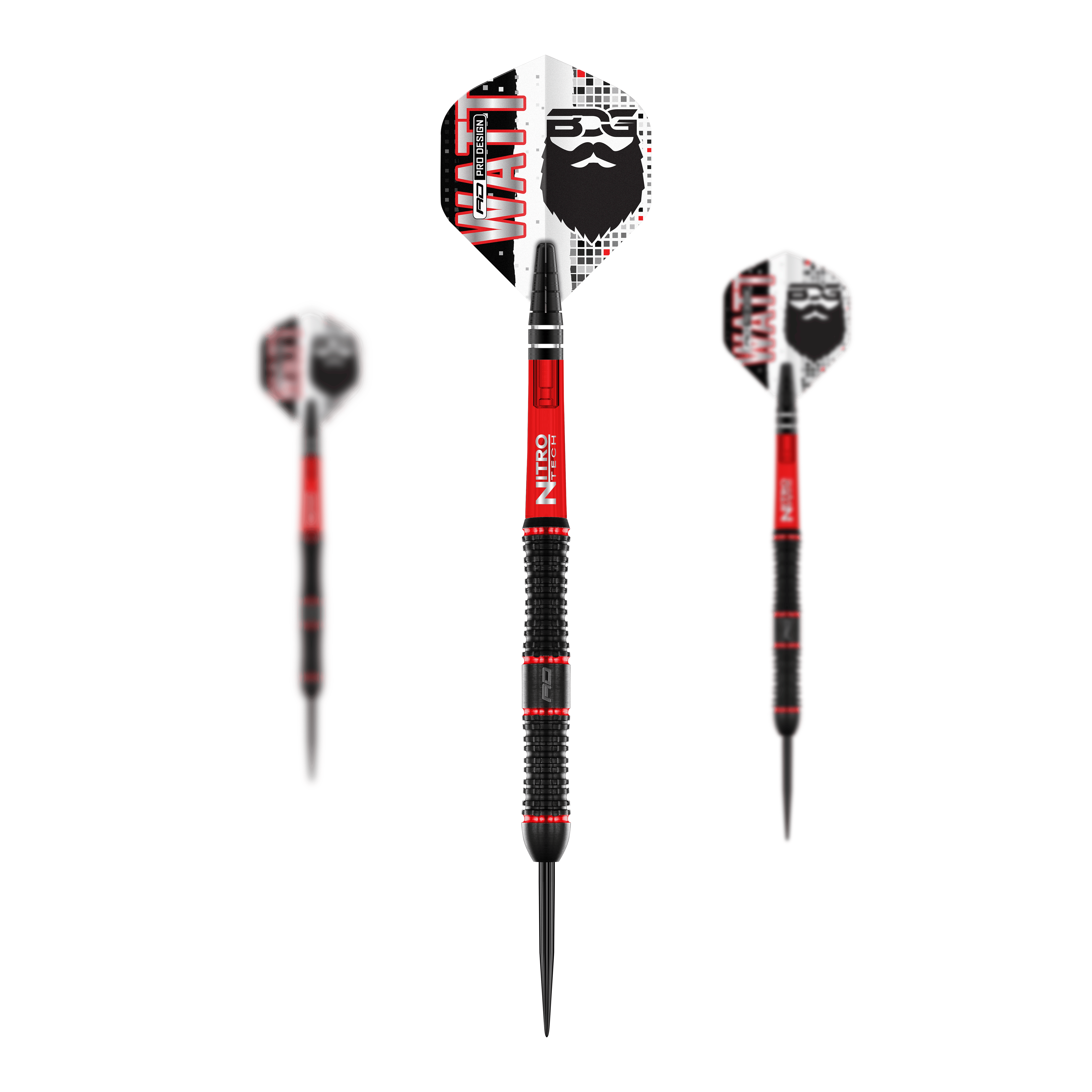 Red Dragon Jason Watt Steeldarts - 22g Das Bild zeigt drei Steeldarts des Modells "Red Dragon Jason Watt" mit einem Gewicht von 22g. Die Darts sind schwarz-rot und haben Flights mit einem Bartmotiv und der Aufschrift "WATT".