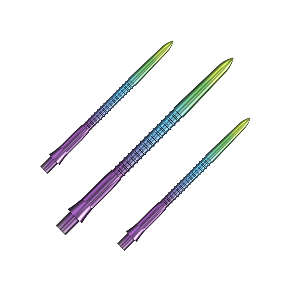 Ein Set von Steeldartspitzen in Regenbogenfarben mit einer Länge von 38 mm ist abgebildet. Diese Spitzen sind als Zubehör für Dartpfeile geeignet.