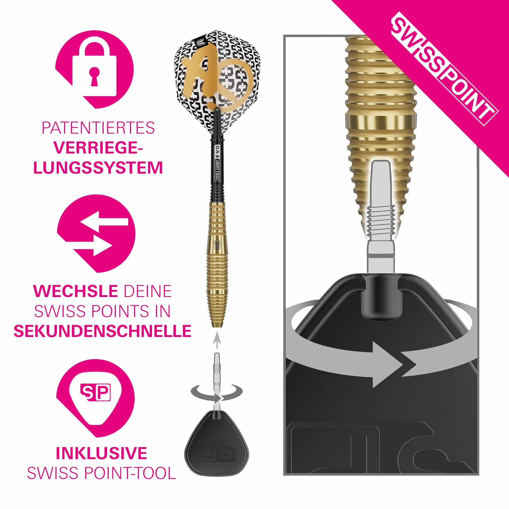 Target Bolide Envy 05 Swiss Point Steeldarts Abgebildet sind Target Bolide Envy 05 Swiss Point Steeldarts. Die Darts sind ordentlich angeordnet und zeigen feine Details im Schaft.