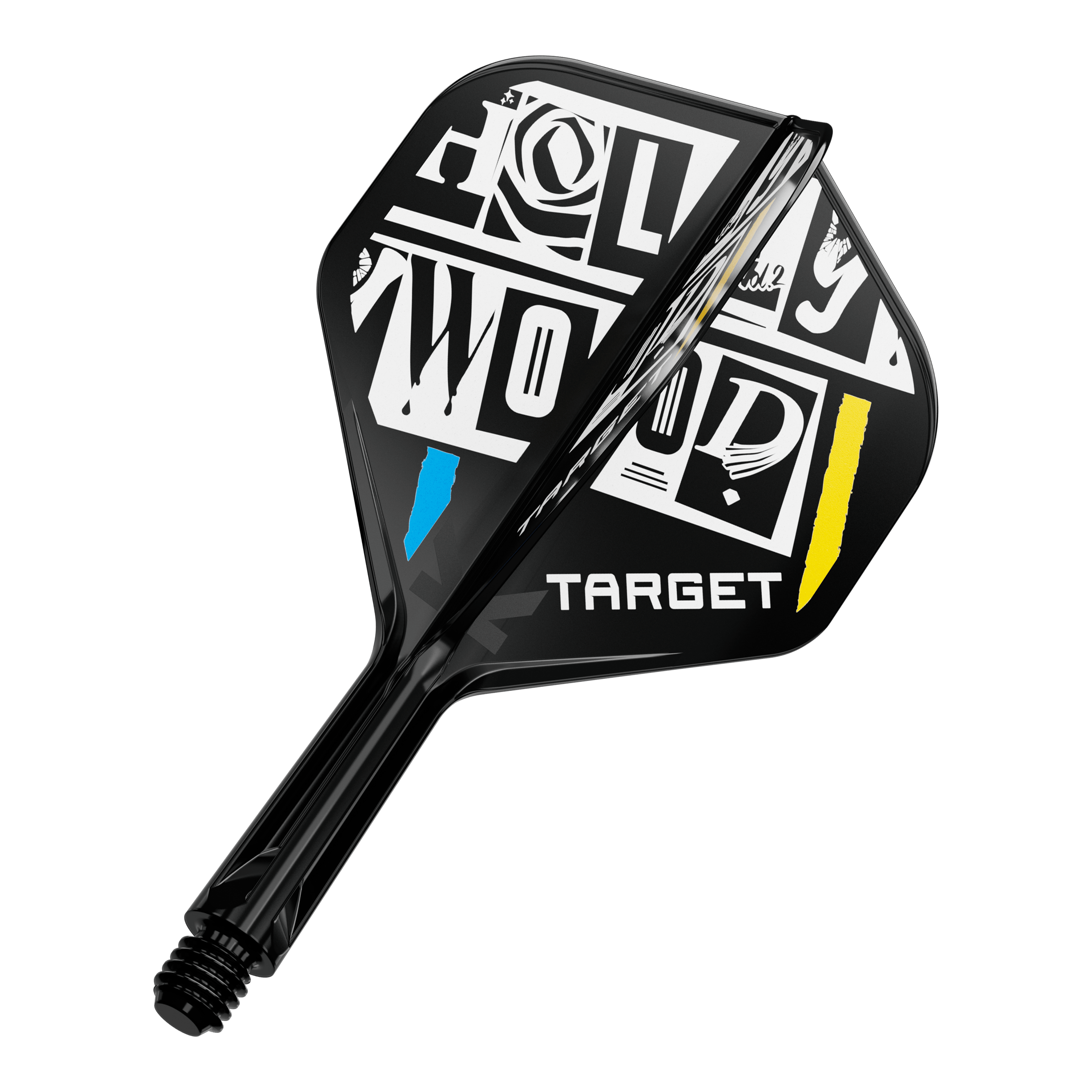 Das Bild zeigt einen Dartpfeil-Flügel mit auffälligem schwarz-weißem Design und den farbigen Akzenten Blau und Gelb. Auf dem Flügel steht das Wort "TARGET" und ein grafisch gestalteter Schriftzug "HOLLYWOOD".