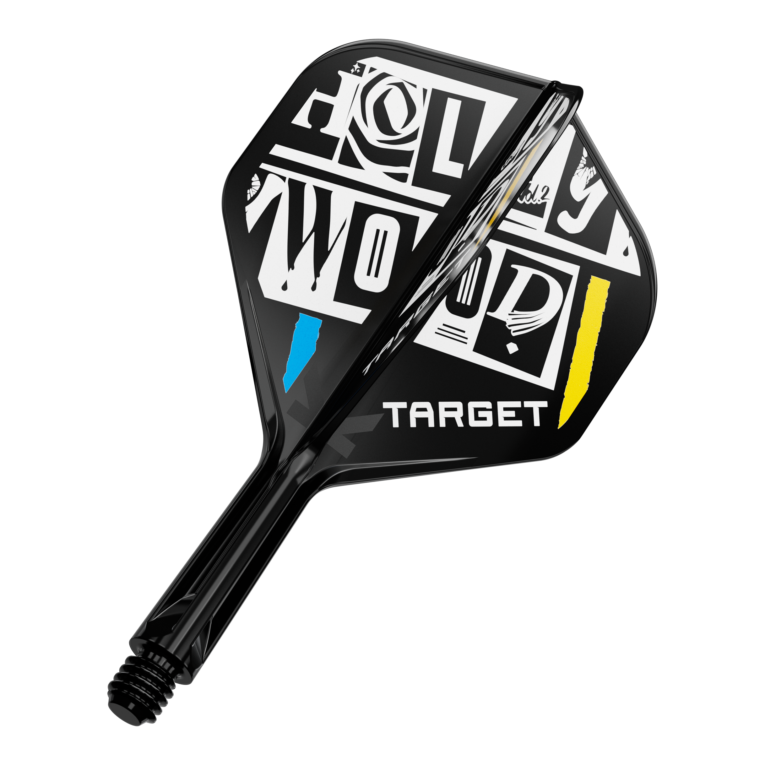 Target K-Flex Chris Dobey No2 Standard Flight-Shaft-System Das Bild zeigt einen Dartpfeil-Flügel mit auffälligem schwarz-weißem Design und den farbigen Akzenten Blau und Gelb. Auf dem Flügel steht das Wort "TARGET" und ein grafisch gestalteter Schriftzug "HOLLYWOOD".