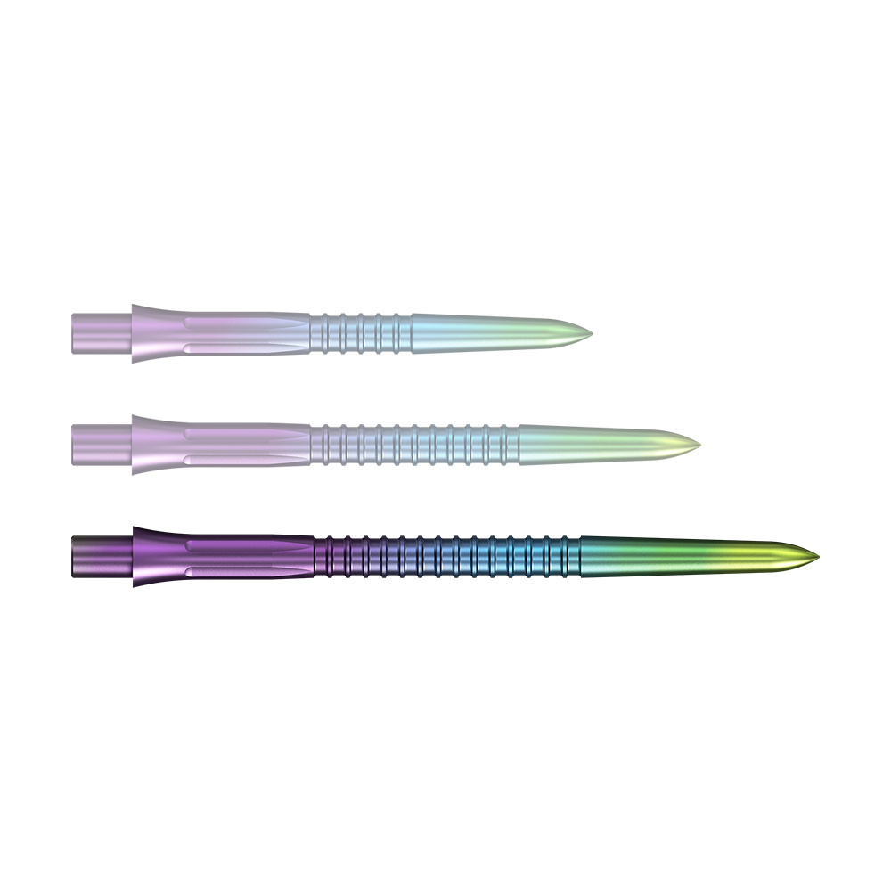 Ein Bild von Steeldartspitzen in Regenbogenfarben, 38 mm lang. Die Spitzen sind für den Einsatz in Dartpfeilen gedacht.