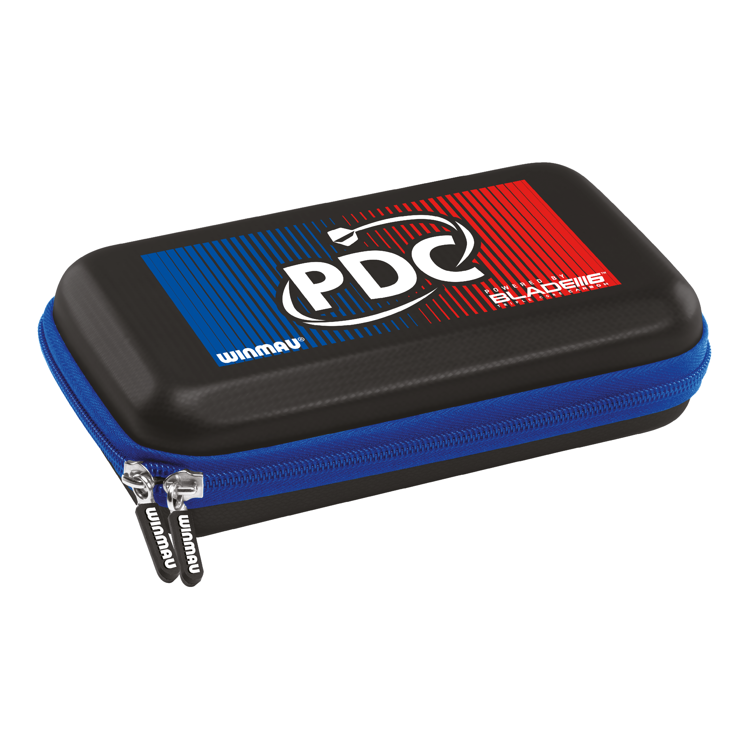 Winmau PDC Dartcase Das Bild zeigt ein Winmau PDC Dartcase mit einem auffälligen blauen und roten Design auf dem Deckel. Das Etui hat einen blauen Reißverschluss und bietet Schutz für Dart-Zubehör.