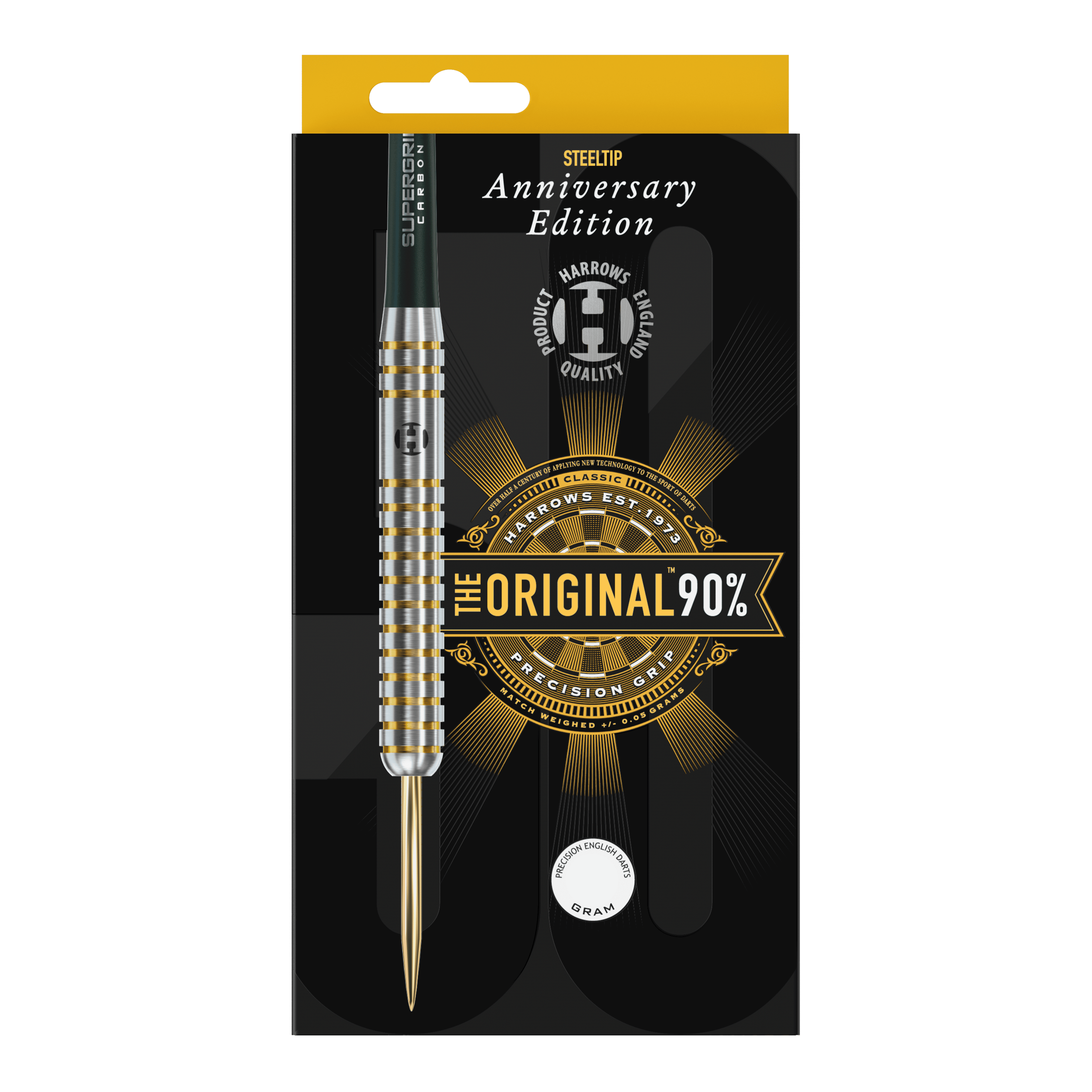 Harrows Anniversary Edition The Original Steeldarts Auf dem Bild ist eine Packung mit einem Steeldart der Marke Harrows zu sehen. Die Verpackung zeigt die Aufschrift „Anniversary Edition“ und „The Original 90%“.
