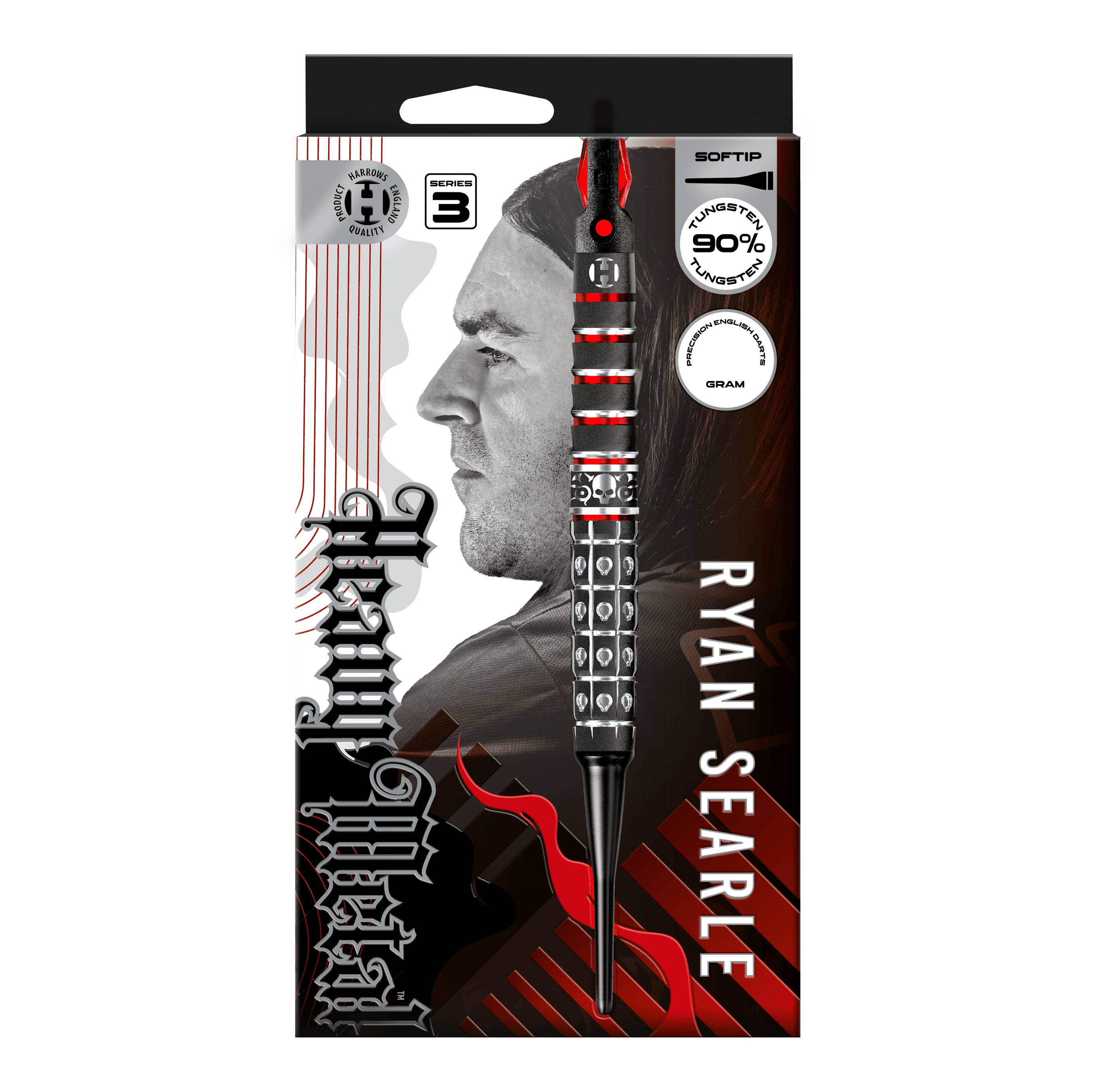 Harrows Ryan Searle Series 3 Softdarts Abgebildet ist Harrows Ryan Searle Series 3 Softdarts. Es handelt sich um einen Satz moderner Softdarts für Dartspieler.