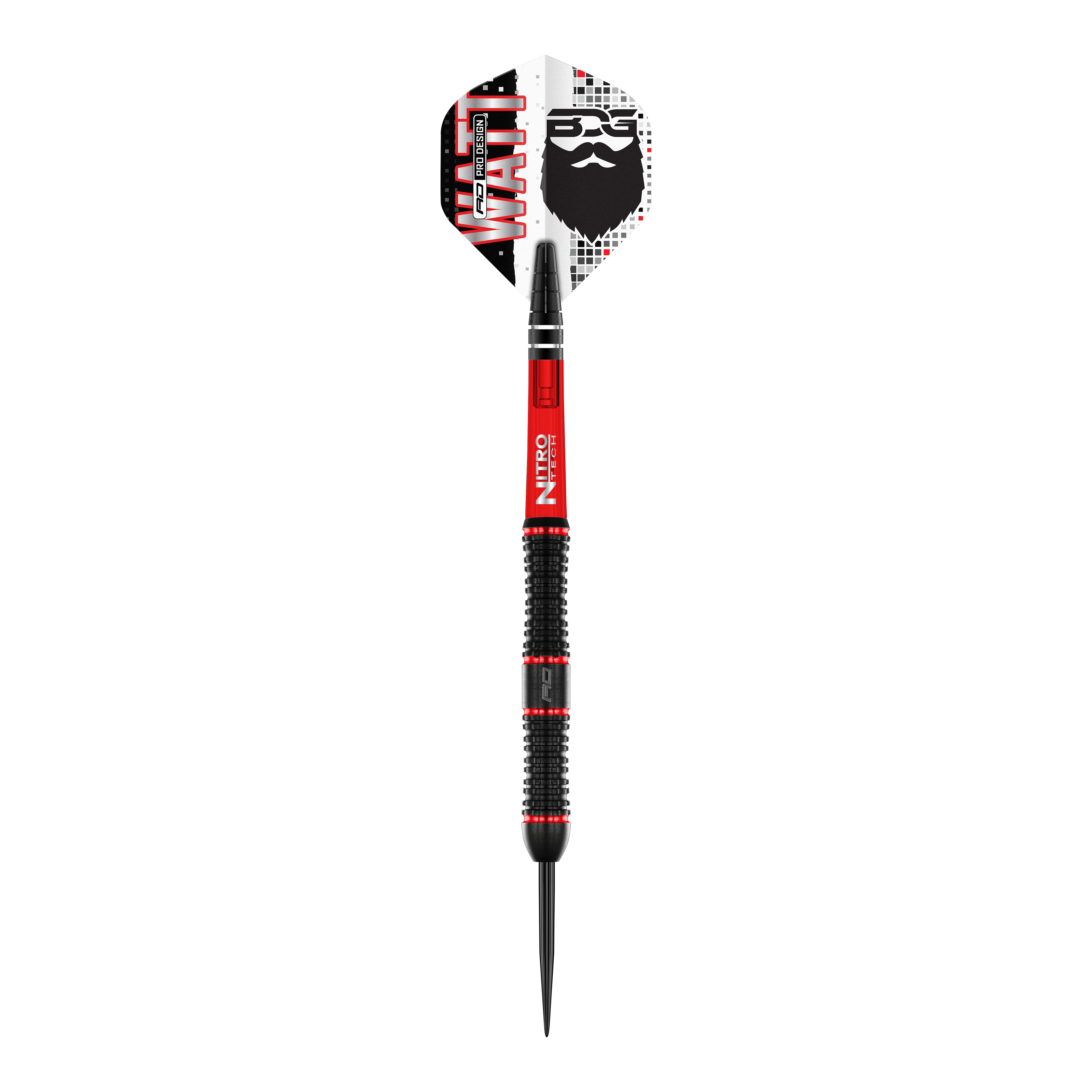 Red Dragon Jason Watt Steeldarts - 22g Das Bild zeigt den "Red Dragon Jason Watt Steeldart - 22g". Der Dartpfeil hat ein auffälliges Design in Schwarz, Rot und Weiß mit dem Namen „Watt“ und einem Bartmotiv auf der Flights.
