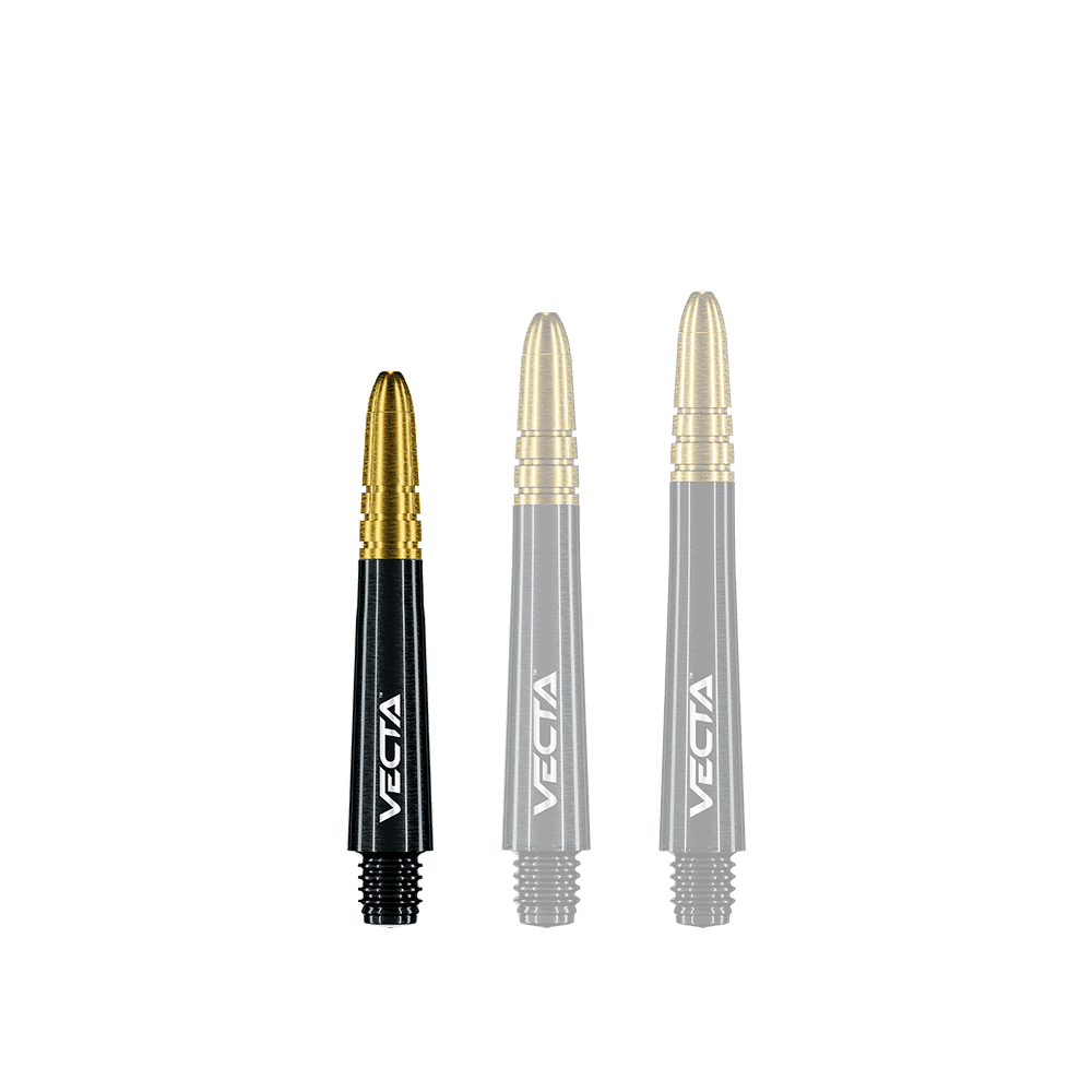 Das Bild zeigt drei Winmau Vecta Shafts in Schwarz-Gold. Die Shafts haben einen schwarzen Schaft und eine goldene Spitze, jeweils mit dem Schriftzug "VECTA".