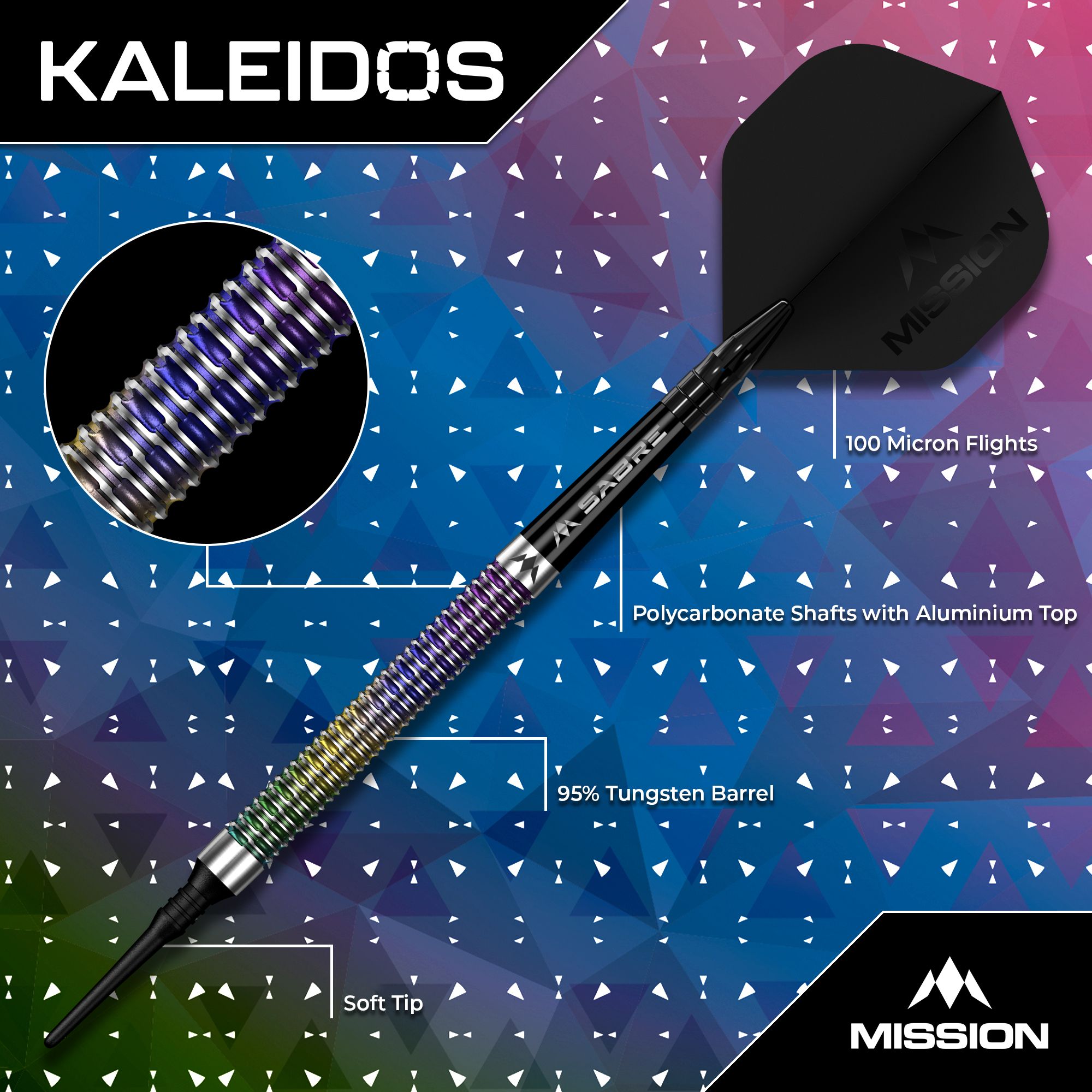 Mission Kaleidos Softdarts - 19g Das Foto zeigt Mission Kaleidos Softdarts - 19g. Es handelt sich um hochwertige Darts für Hobby- und Profispieler.