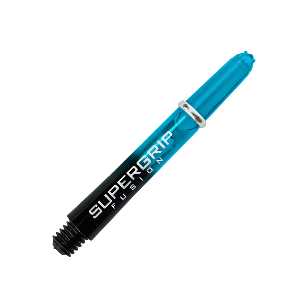 Das Bild zeigt einen Harrows Supergrip Fusion Shaft in der Farbe Aqua. Der Schaft ist teilweise durchsichtig und trägt die Aufschrift "SUPERGRIP FUSION".