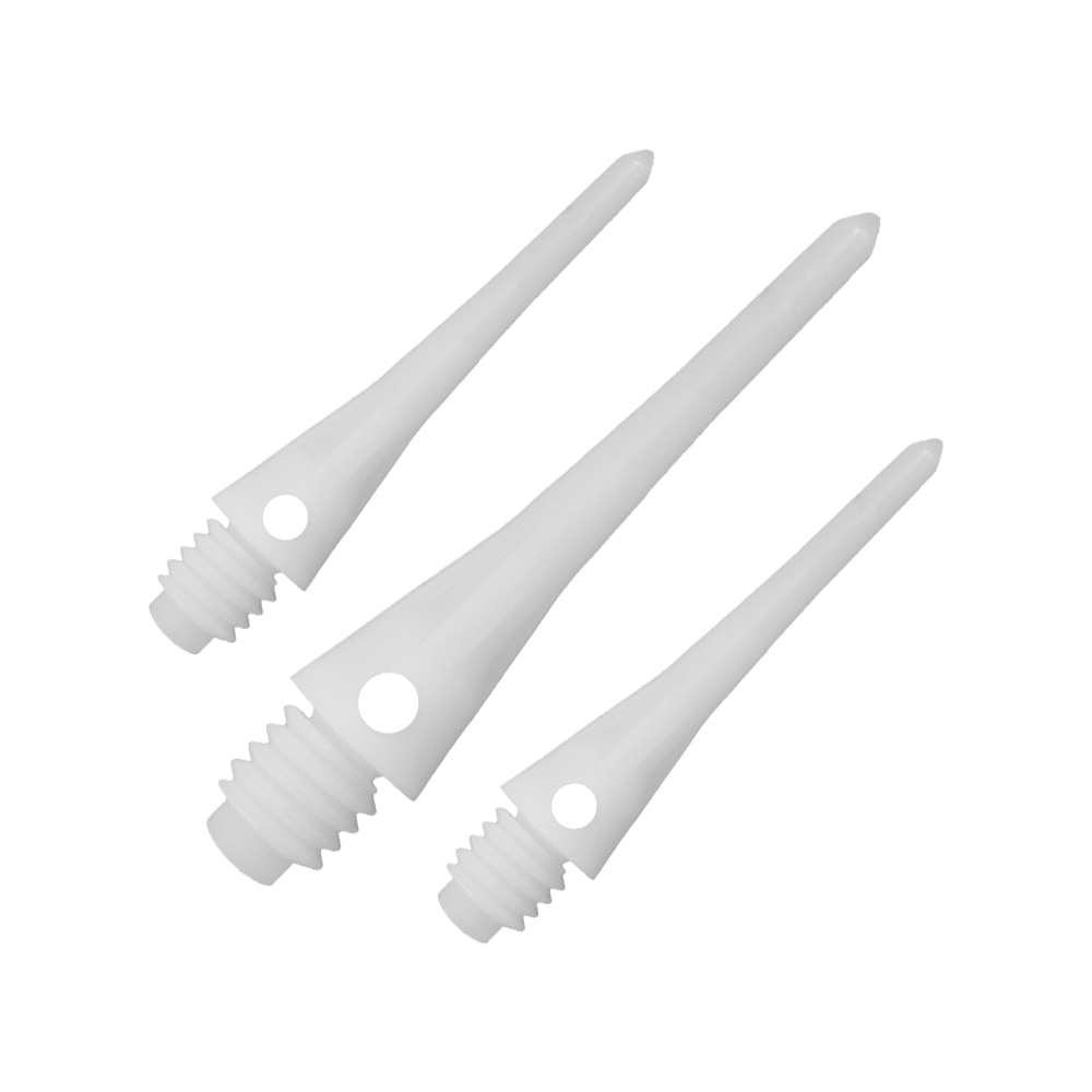 CO-00071_Condor_Tip_Zero-Stress_Softdartspitzen_Weiss_1 Das Bild zeigt drei weiße Softdartspitzen mit Gewinde. Sie sind länglich geformt und liegen nebeneinander auf einer neutralen Fläche.