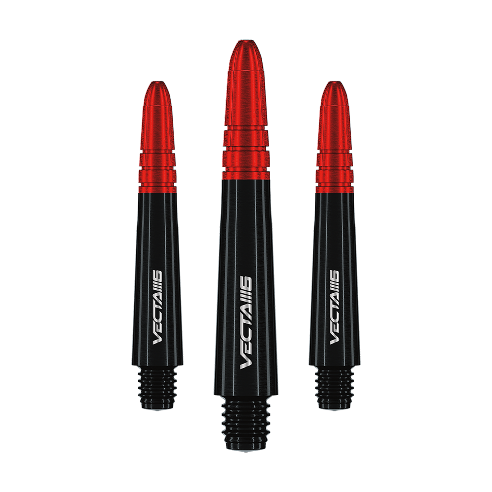 7025_107_Winmau_Vecta_Blade6_Shafts_35mm_1 Das Bild zeigt drei Winmau Vecta Shafts - Blade 6 in Schwarz und Rot. Die Shafts sind schlank designt und haben weiße Schriftzüge.
