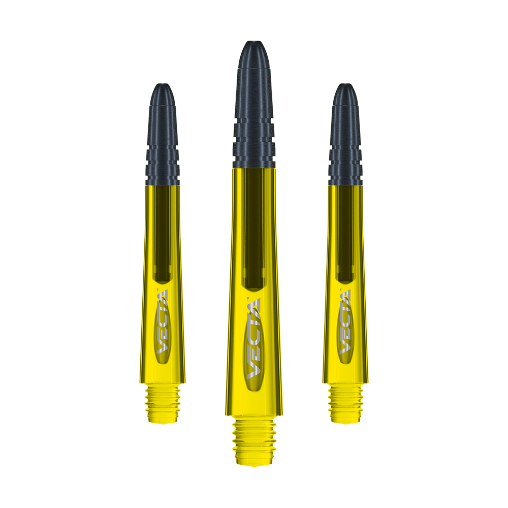 7025-206_Winmau_Vecta_Shafts_Gelb_40mm_1 Das Bild zeigt drei gelbe Winmau Vecta Shafts für Darts. Die Shafts haben schwarze Spitzen und sind mit dem Schriftzug "Vecta" versehen.