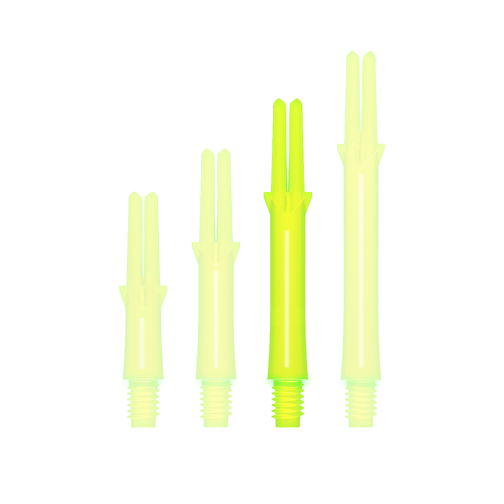 L-Style L-Shafts Locked Straight - Neon Yellow 260 Auf dem Bild sind vier neon-gelbe, gerade Dart-Schäfte in unterschiedlichen Längen zu sehen. Sie stehen aufrecht nebeneinander aufgereiht.