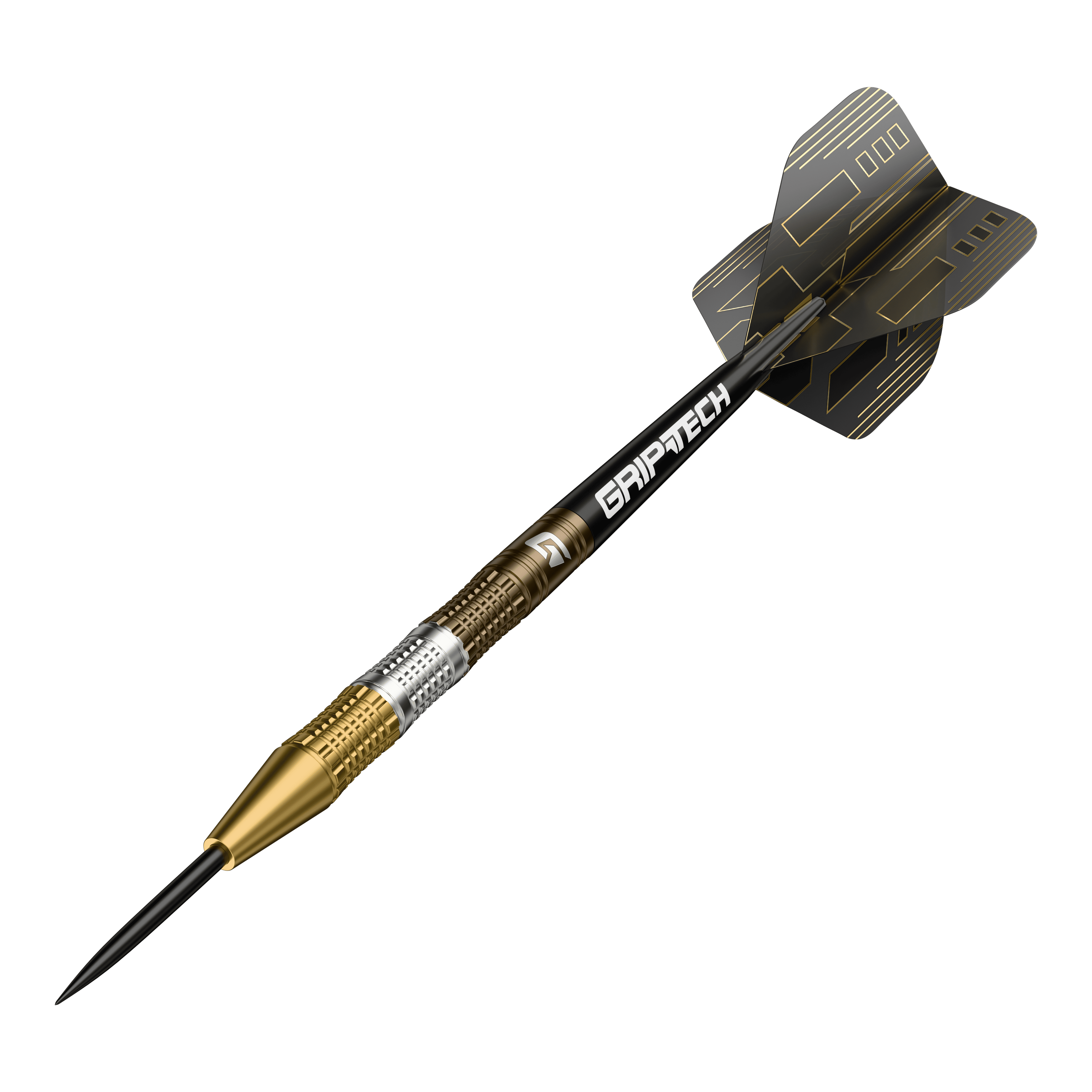 GOAT Ceremony Tungsten Steeldarts Der GOAT Ceremony Tungsten Steeldart ist ein hochwertiger Dartpfeil mit goldenen und silbernen Elementen. Auf dem Schaft steht das Wort "GRIPTECH" und die Flights sind schwarz mit goldenen Linien gestaltet.